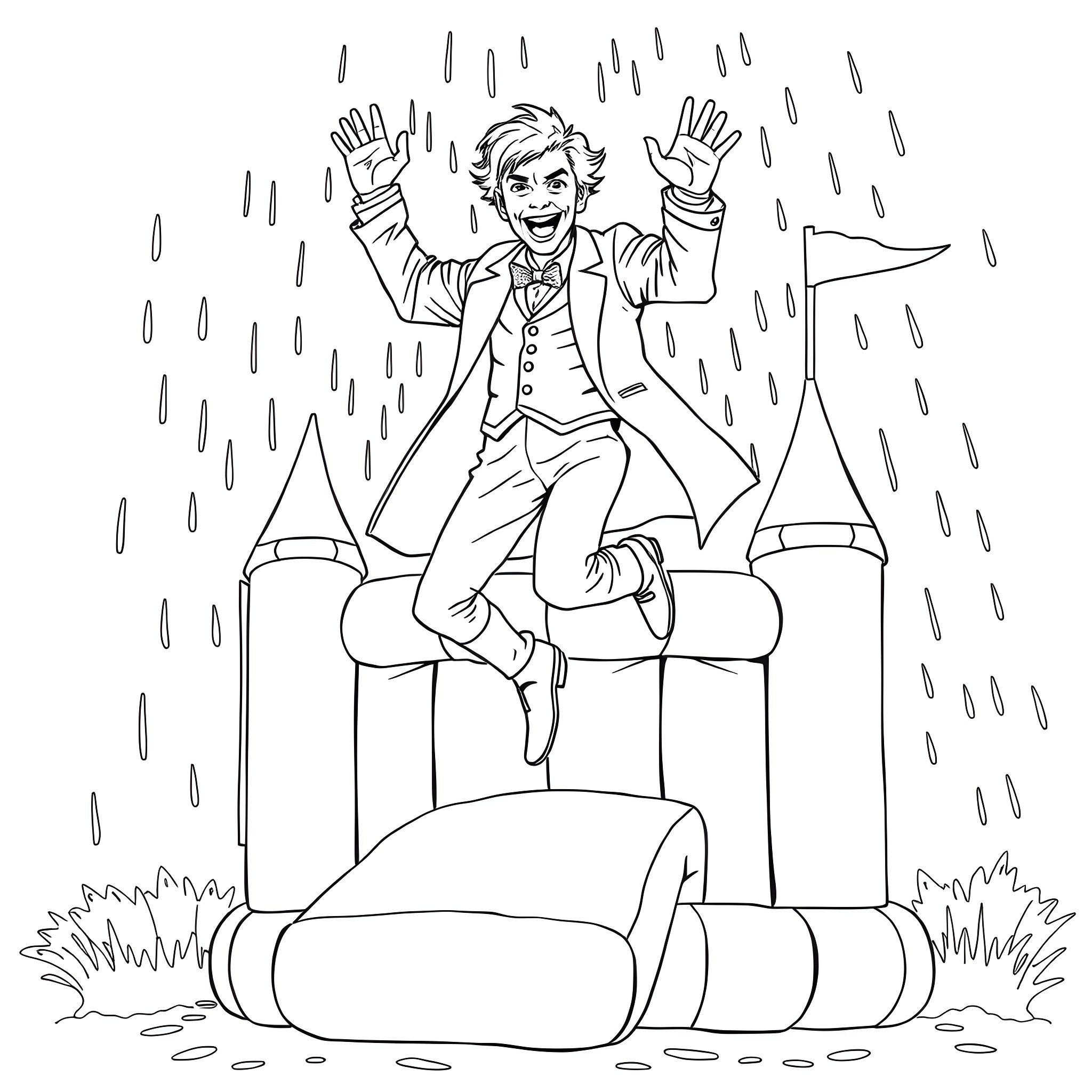 Doctor Who enjoys the rain and waves at the viewer Coloring Page (free black-and-white line drawing printable PDF for all, from beginners to advanced learners, including children, teens, adults, and seniors)