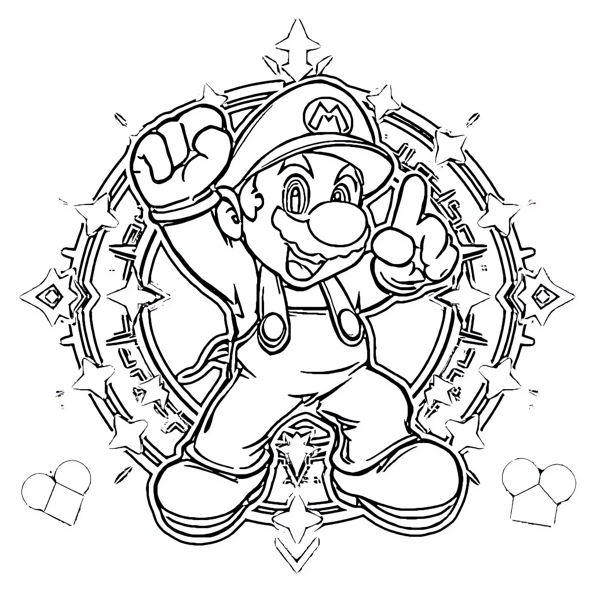 Super Mario jumping in celebratory pose Coloring Page (free black-and-white line drawing printable PDF for all, from beginners to advanced learners, including children, teens, adults, and seniors)
