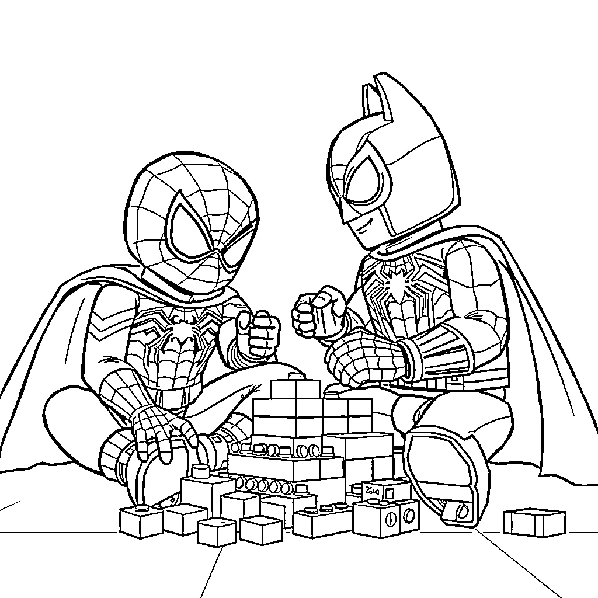 Spider-Man and Superhero Playing with Toys Coloring Page (free black-and-white line drawing printable PDF for all, from beginners to advanced learners, including children, teens, adults, and seniors)