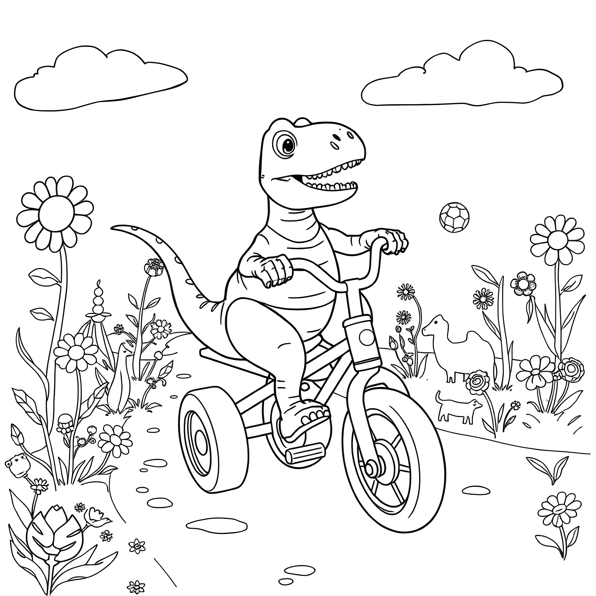 Dinosaur riding a bicycle in a flower garden Coloring Page (free black-and-white line drawing printable PDF for all, from beginners to advanced learners, including children, teens, adults, and seniors)