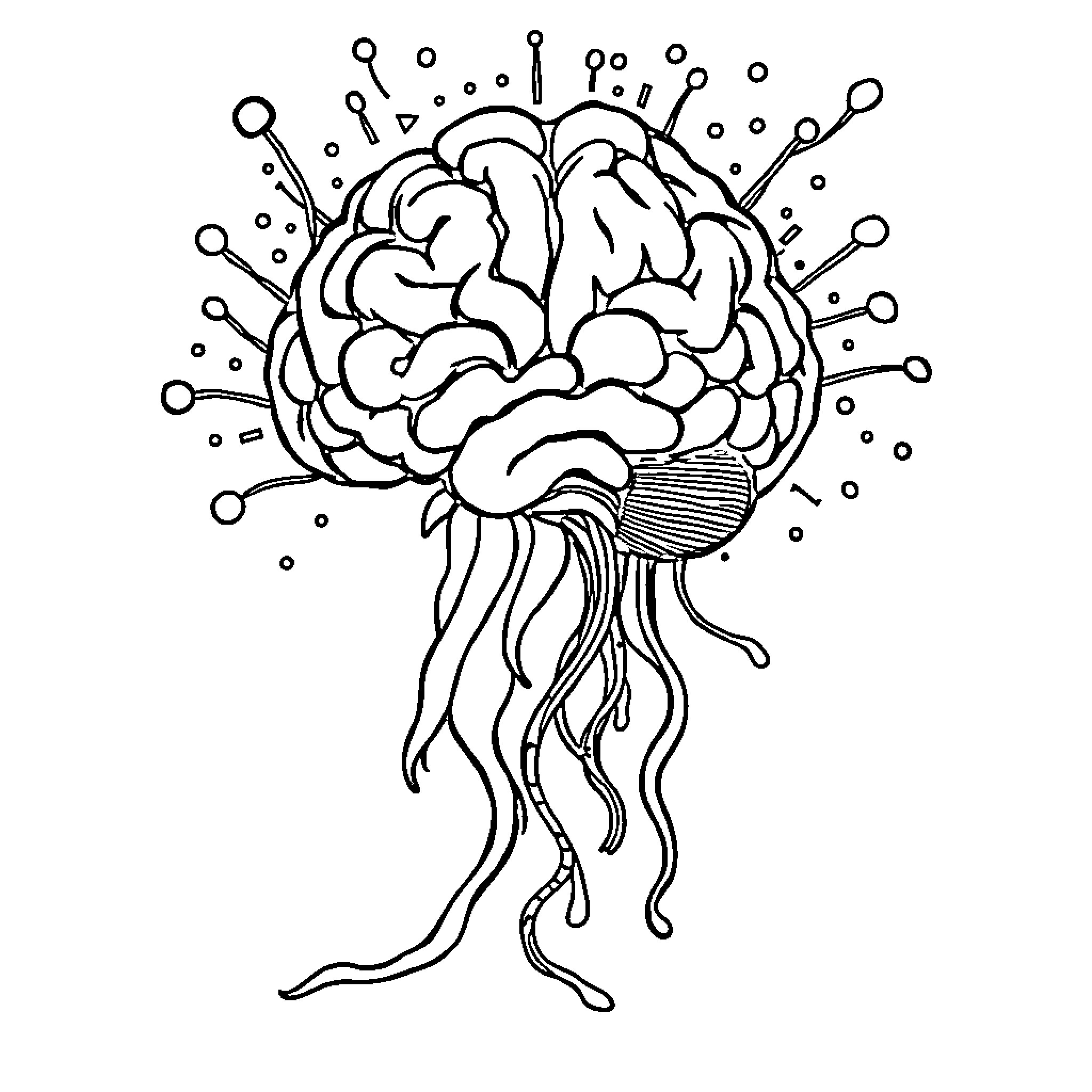 Brain as a Surreal Organism with Tentacles Coloring Page (free black-and-white line drawing printable PDF for all, from beginners to advanced learners, including children, teens, adults, and seniors)