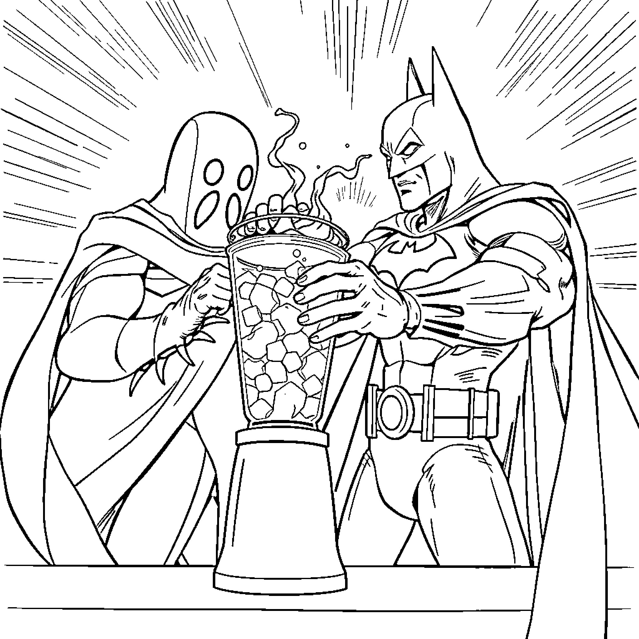 Batman Defeating Villains and Saving the Day Coloring Page (free black-and-white line drawing printable PDF for all, from beginners to advanced learners, including children, teens, adults, and seniors)