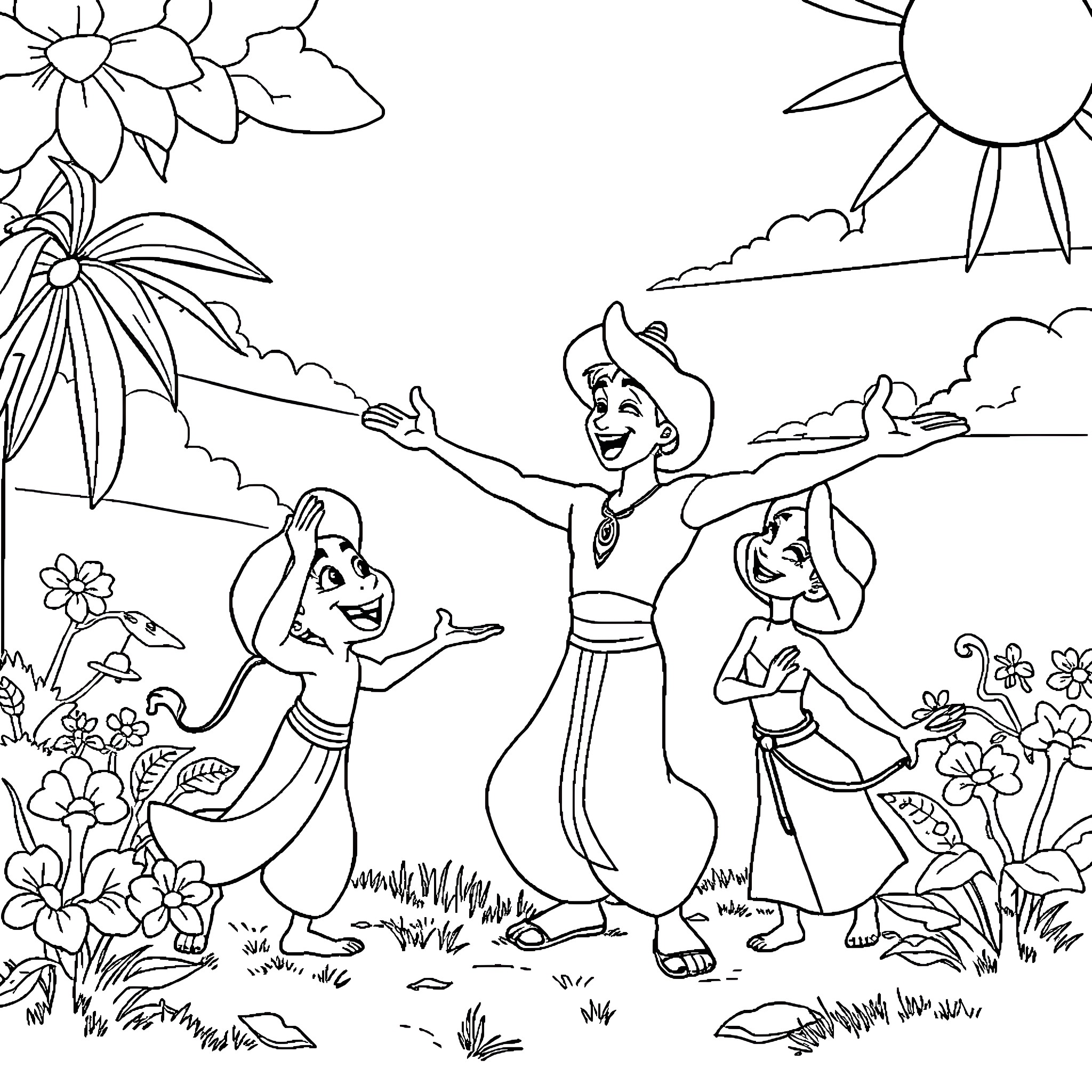 Aladdin and friends dancing in tropical landscape Coloring Page (free black-and-white line drawing printable PDF for all, from beginners to advanced learners, including children, teens, adults, and seniors)