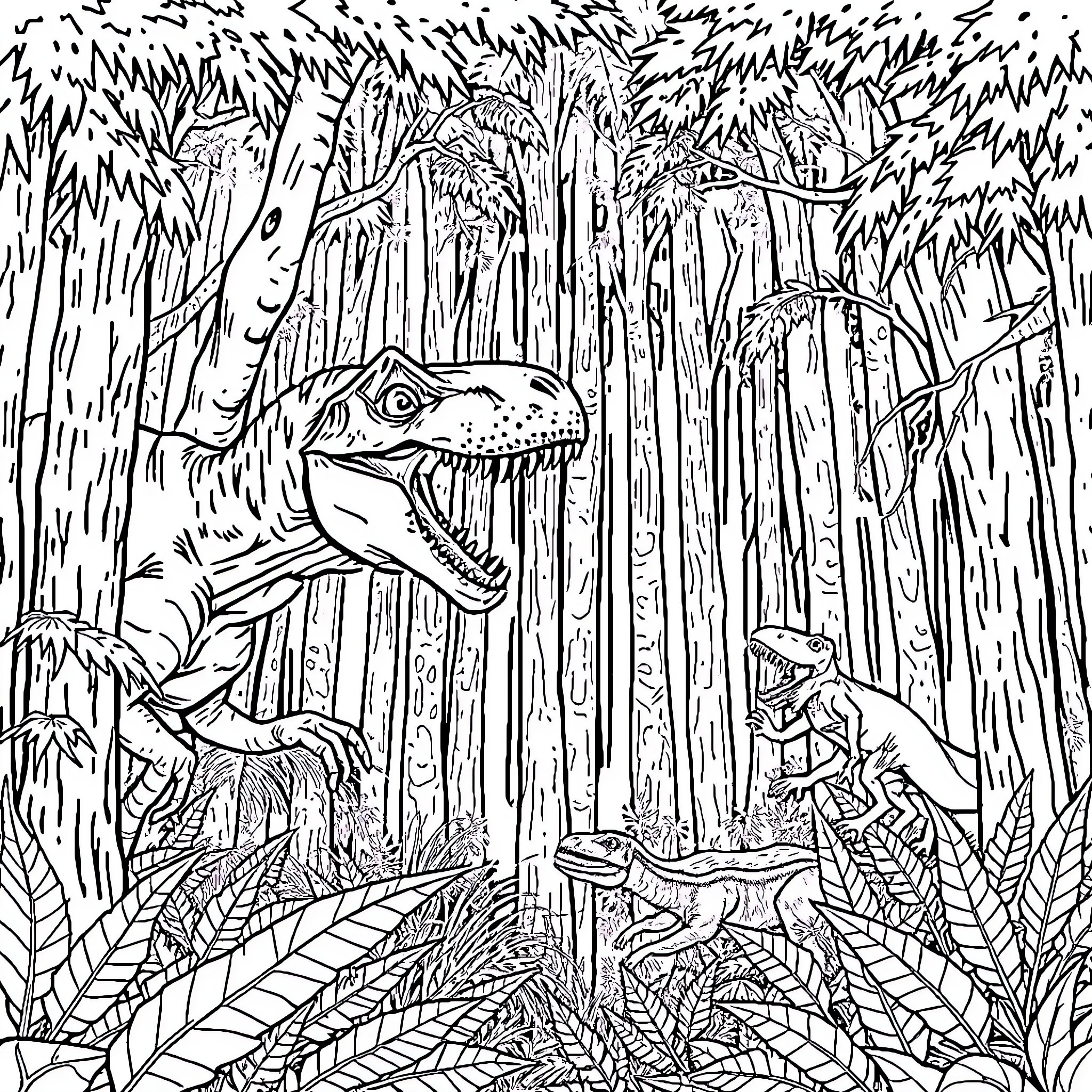 Dinosaurs exploring lush jungle landscape Coloring Page (free black-and-white line drawing printable PDF for all, from beginners to advanced learners, including children, teens, adults, and seniors)