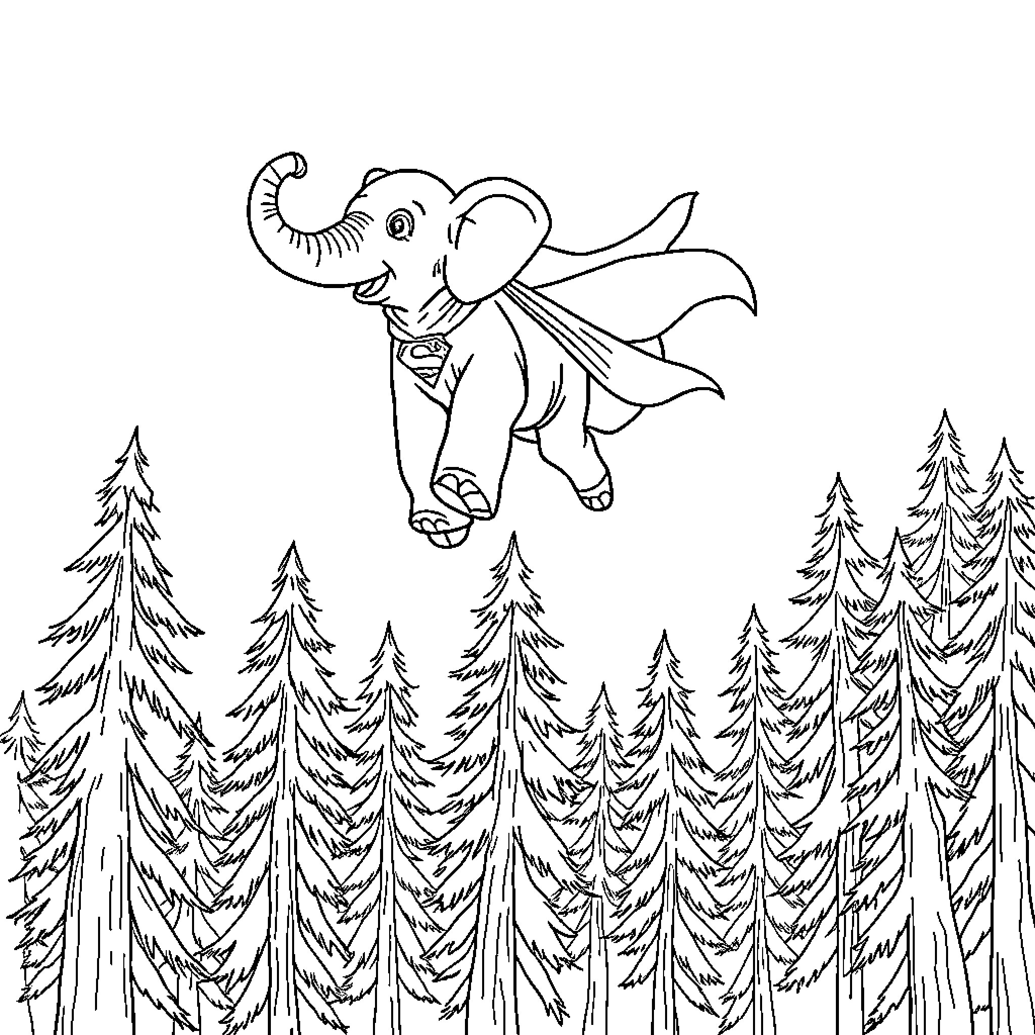 Elephant soaring through the enchanted forest Coloring Page (free black-and-white line drawing printable PDF for all, from beginners to advanced learners, including children, teens, adults, and seniors)