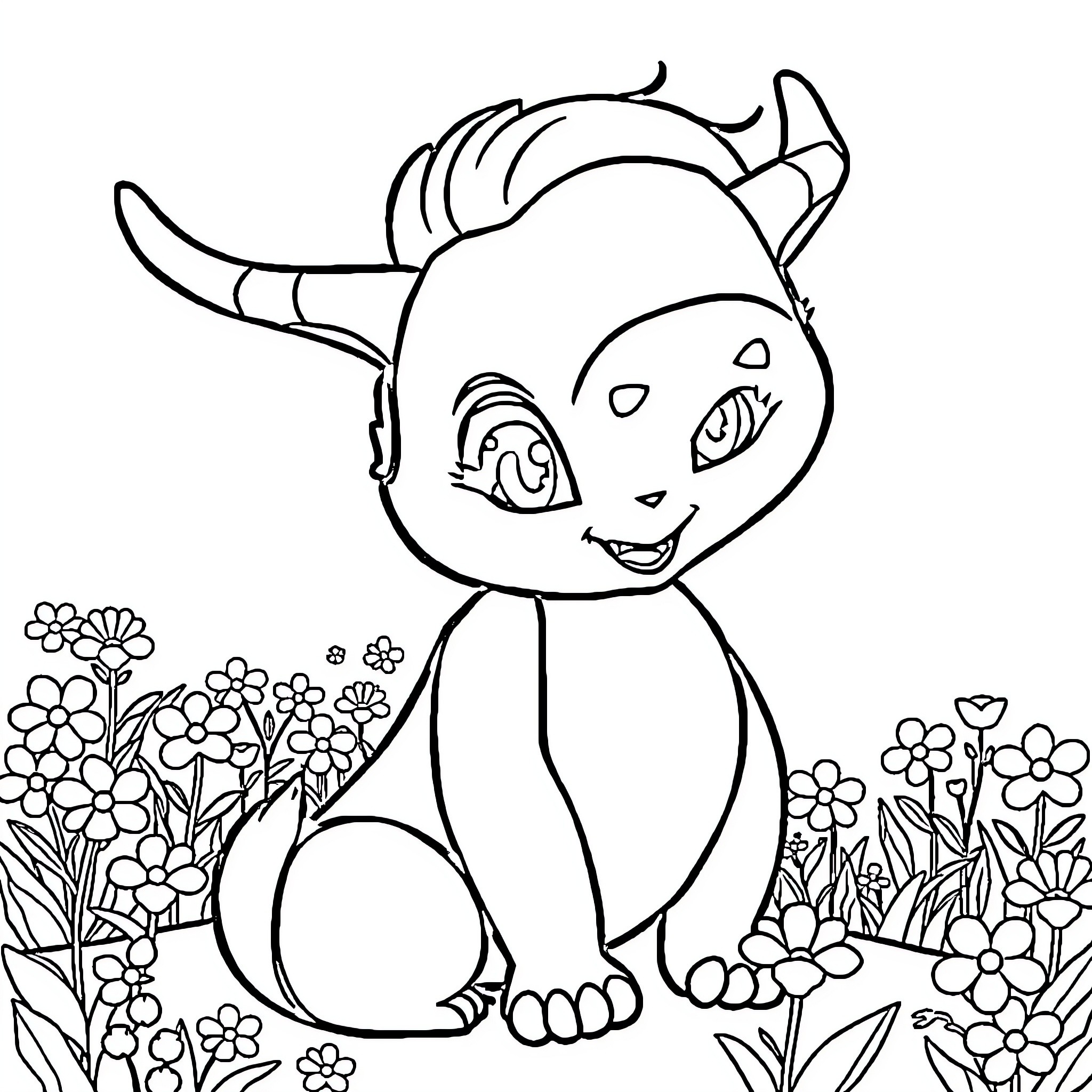Mushu the Cheerful Creature in Floral Garden Coloring Page (free black-and-white line drawing printable PDF for all, from beginners to advanced learners, including children, teens, adults, and seniors)