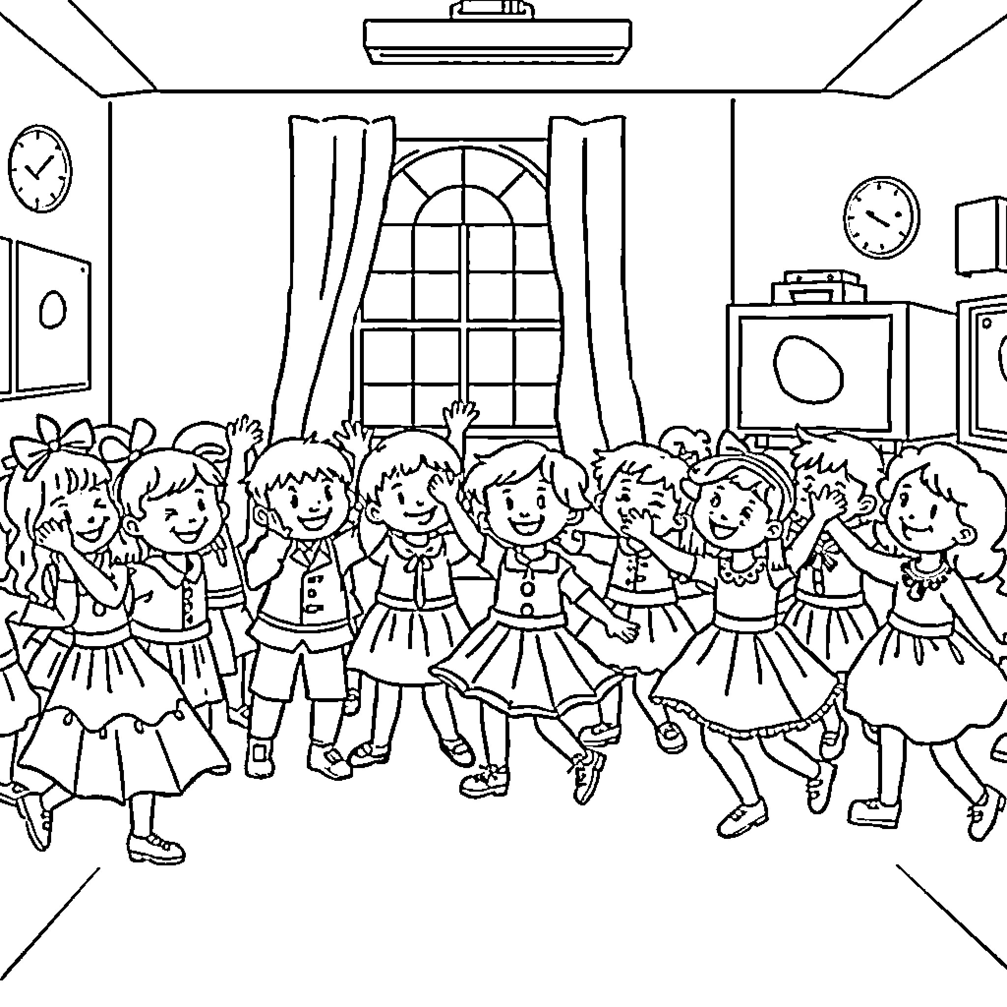 Kids dancing happily in the classroom Coloring Page (free black-and-white line drawing printable PDF for all, from beginners to advanced learners, including children, teens, adults, and seniors)