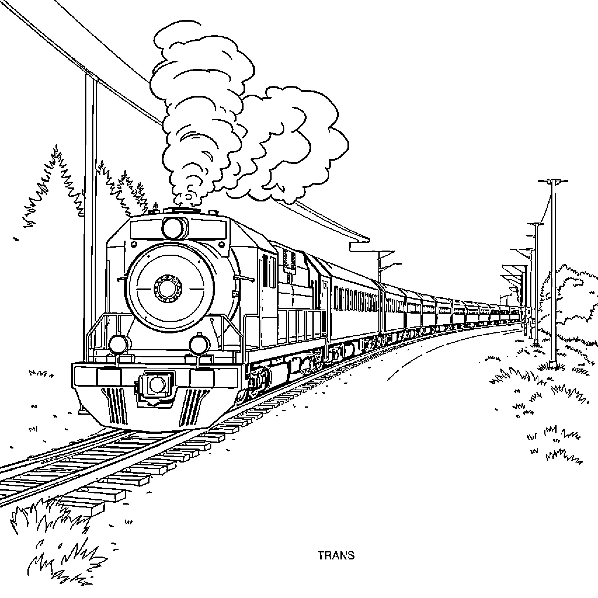 Train traveling through scenic countryside Coloring Page (free black-and-white line drawing printable PDF for all, from beginners to advanced learners, including children, teens, adults, and seniors)