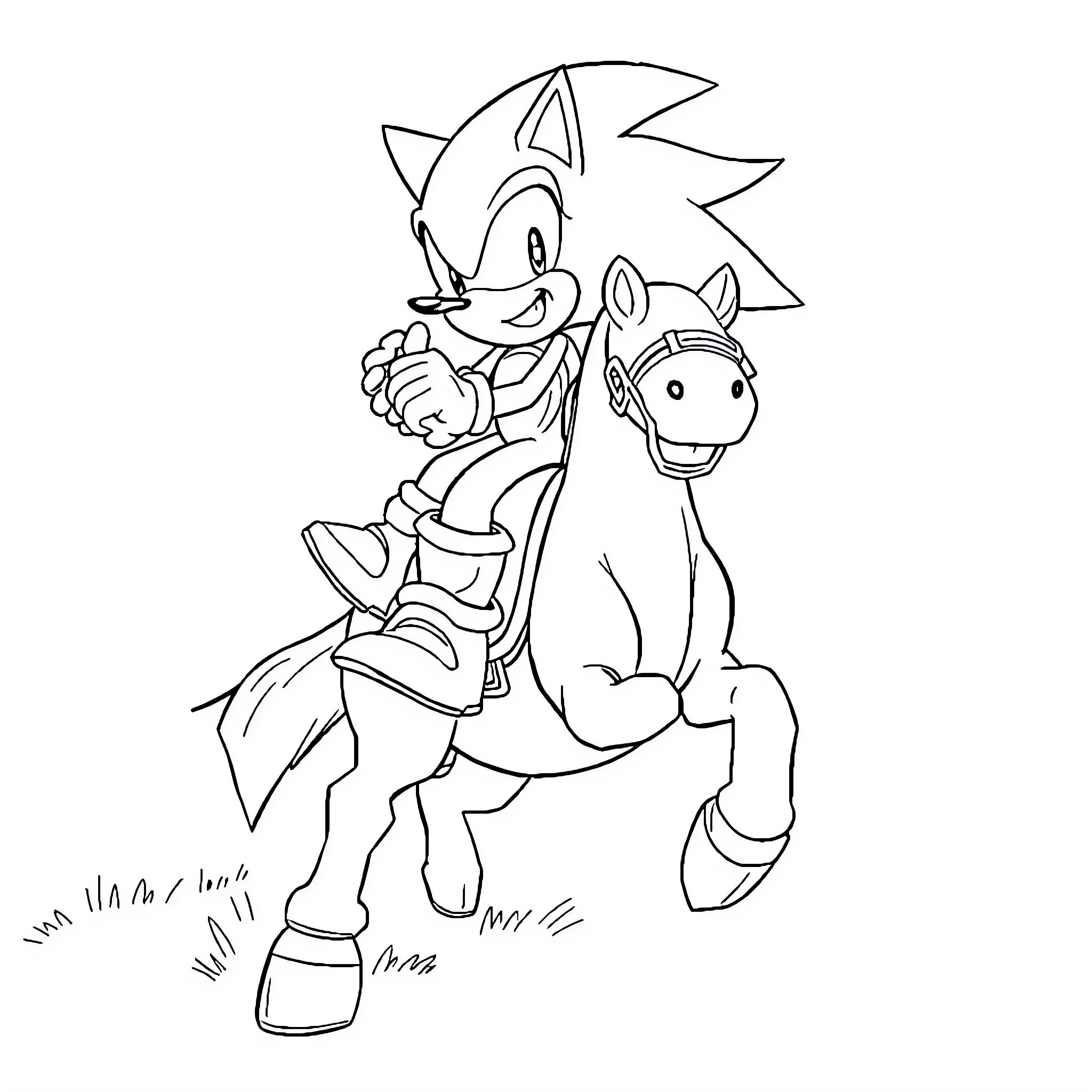 Sonic riding a horse in action Coloring Page (free black-and-white line drawing printable PDF for all, from beginners to advanced learners, including children, teens, adults, and seniors)