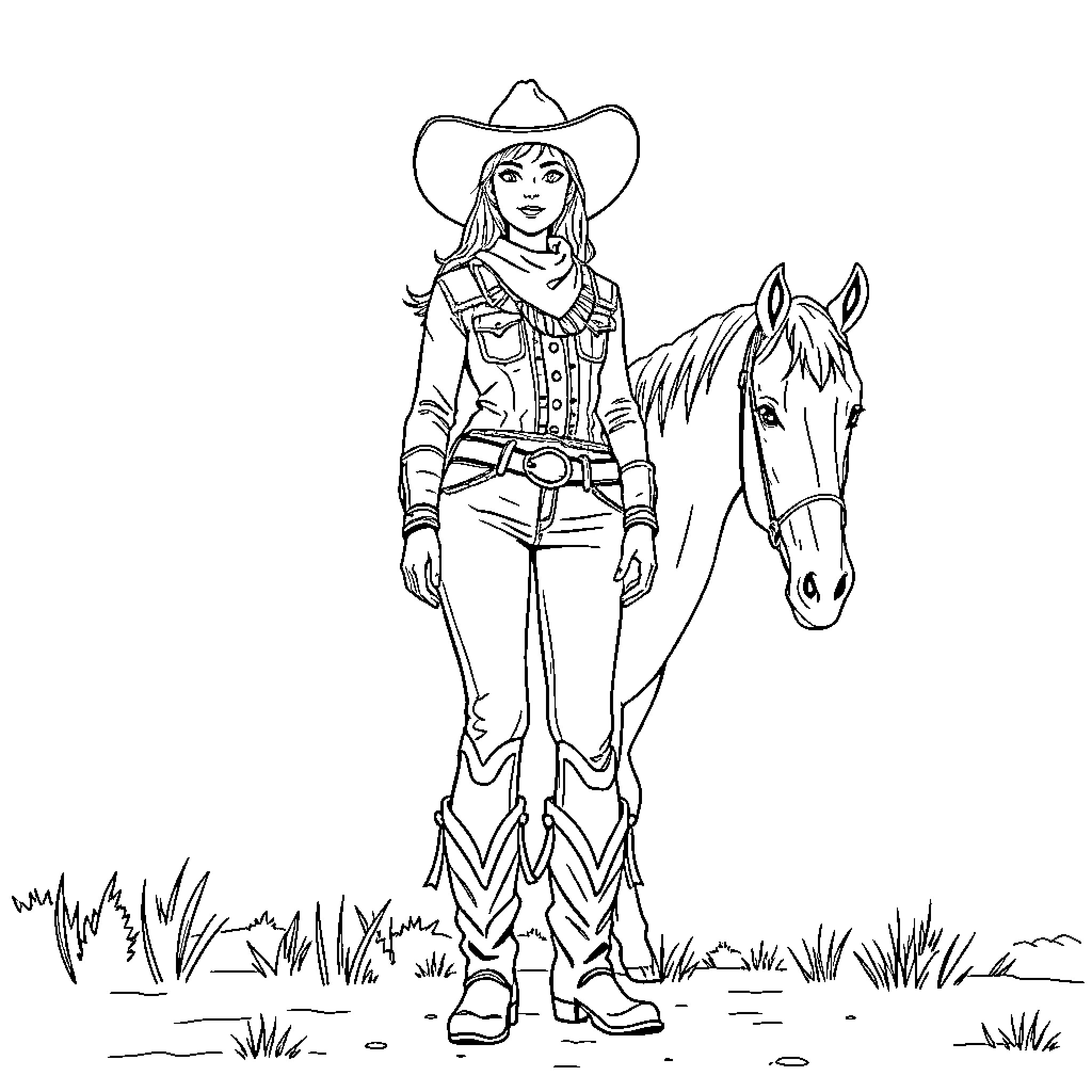 Cowgirl with horse in the countryside Coloring Page (free black-and-white line drawing printable PDF for all, from beginners to advanced learners, including children, teens, adults, and seniors)