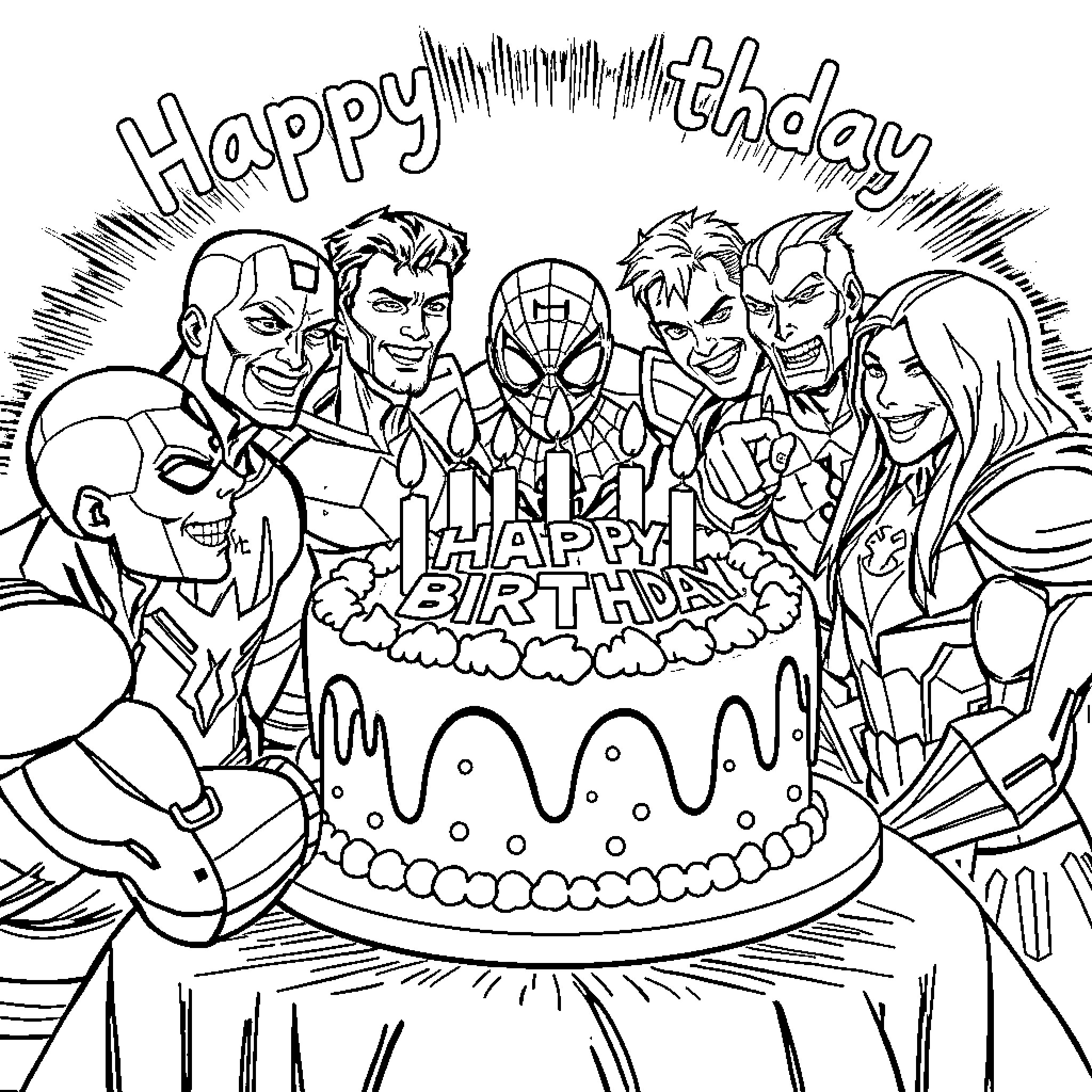 Spiderman and friends celebrate a happy birthday Coloring Page (free black-and-white line drawing printable PDF for all, from beginners to advanced learners, including children, teens, adults, and seniors)