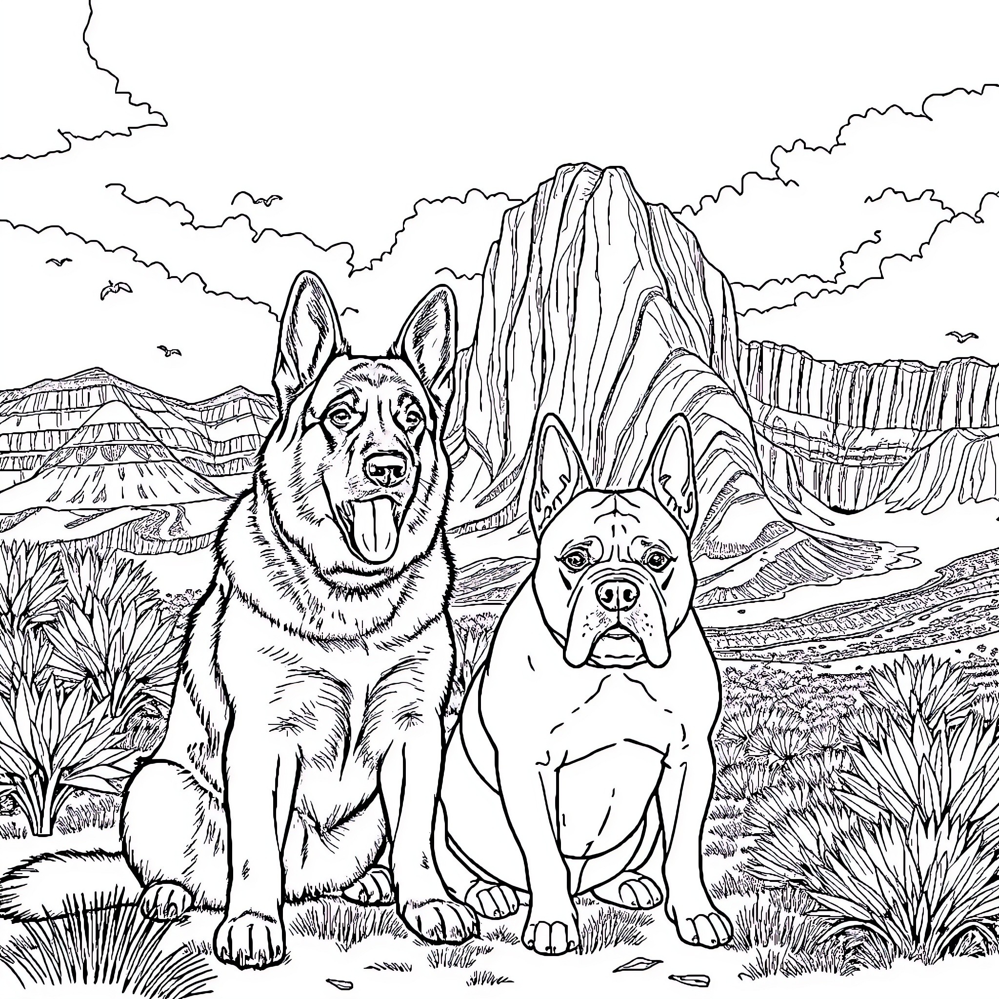 Dog companions exploring the rugged mountain landscape Coloring Page (free black-and-white line drawing printable PDF for all, from beginners to advanced learners, including children, teens, adults, and seniors)