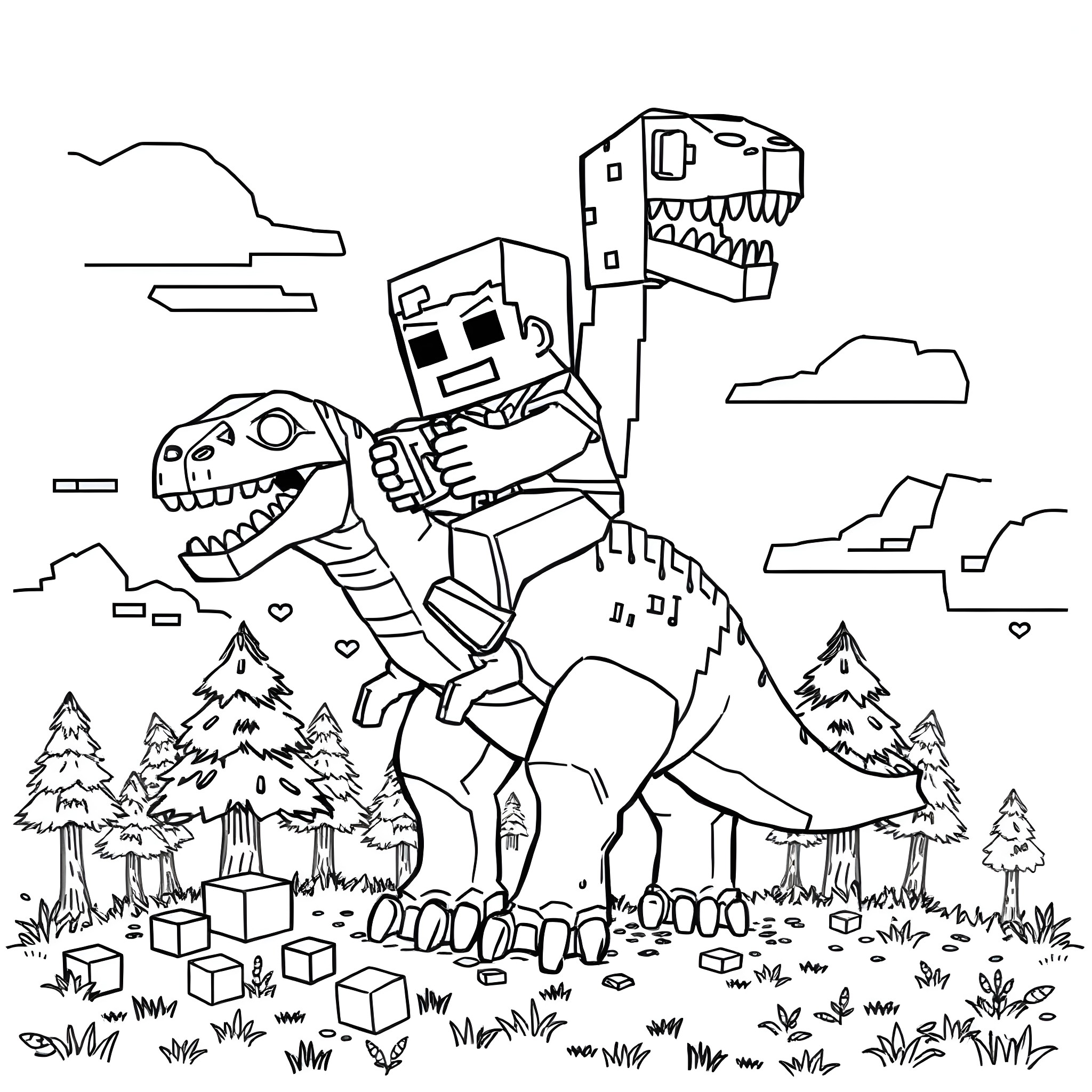 Zombie Minecraft players riding dinosaurs in a forest Coloring Page (free black-and-white line drawing printable PDF for all, from beginners to advanced learners, including children, teens, adults, and seniors)