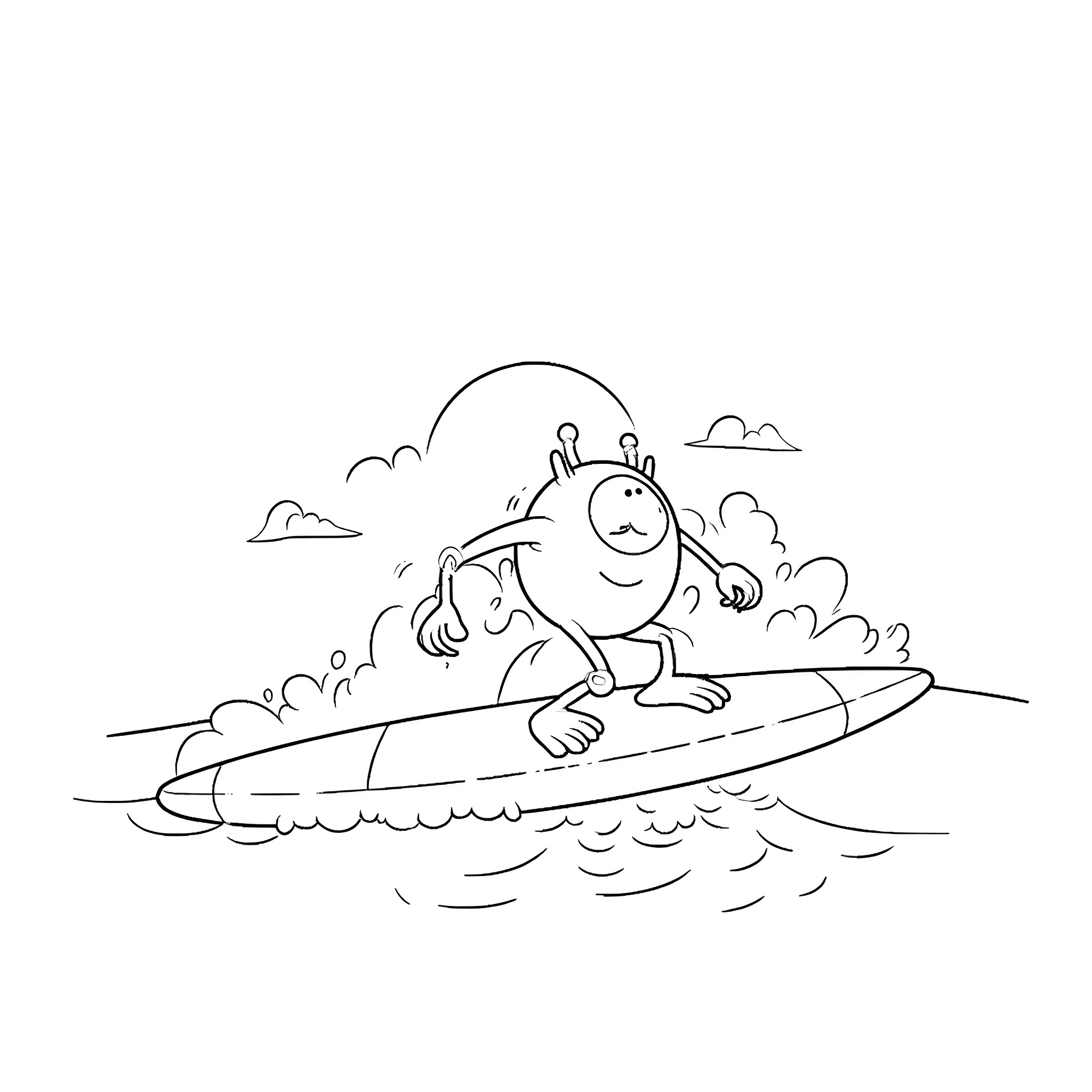 Mike Wazowski surfs excitedly on a wave Coloring Page (free black-and-white line drawing printable PDF for all, from beginners to advanced learners, including children, teens, adults, and seniors)