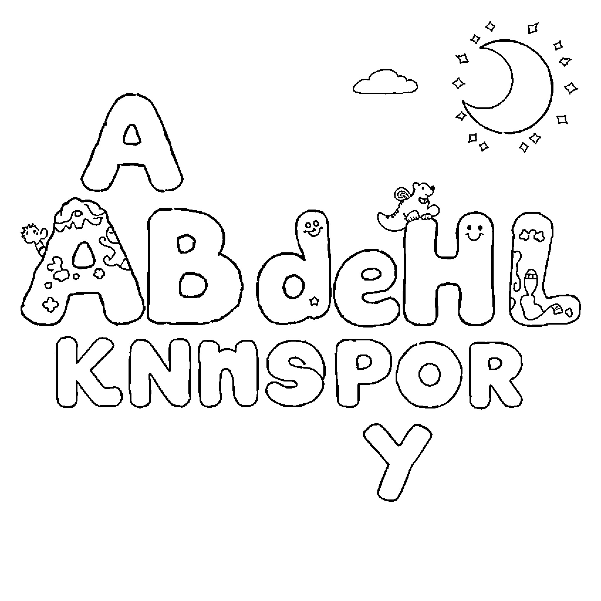 Alphabet Playful and Whimsical Design Coloring Page (free black-and-white line drawing printable PDF for all, from beginners to advanced learners, including children, teens, adults, and seniors)