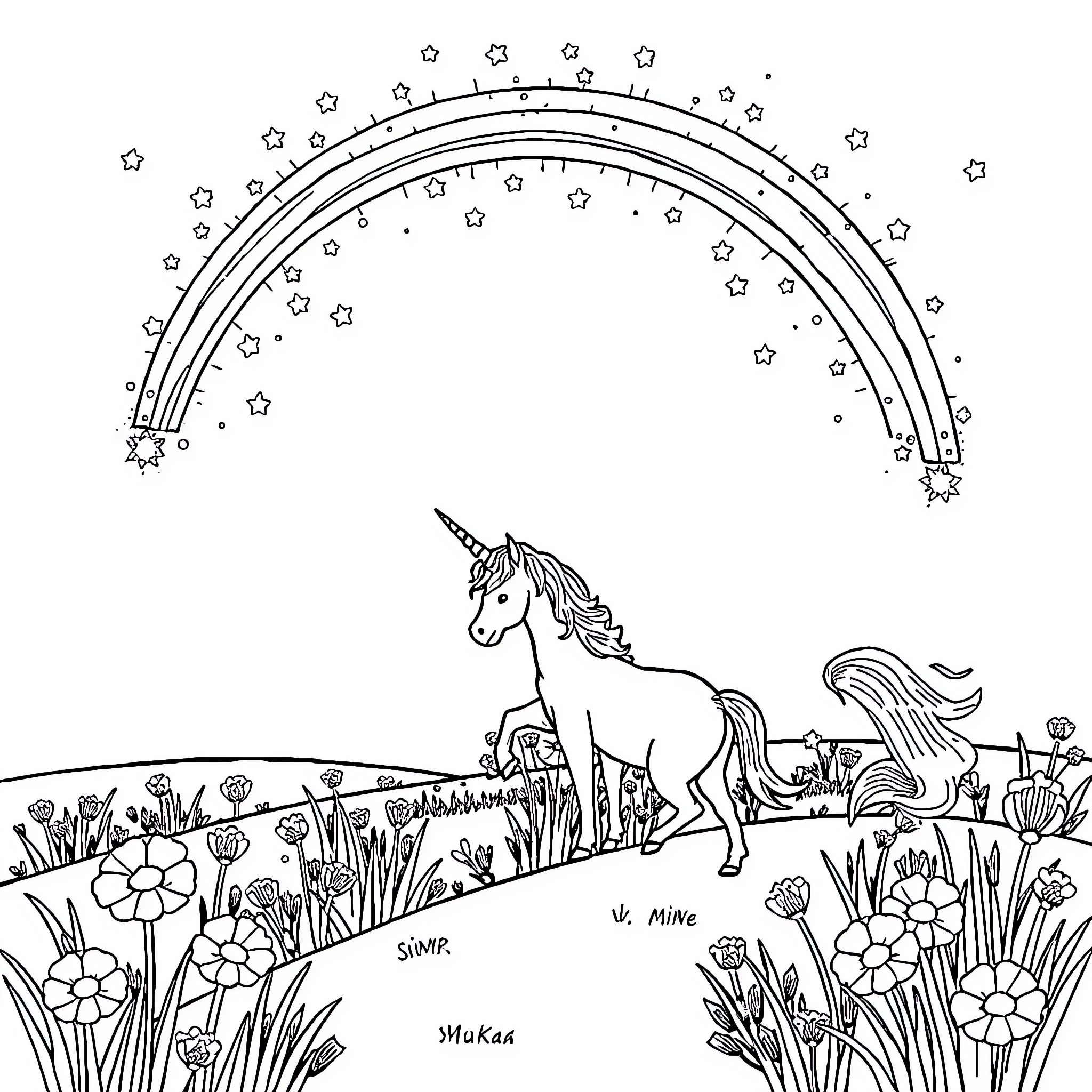Unicorn roaming in a magical meadow under a starry sky Coloring Page (free black-and-white line drawing printable PDF for all, from beginners to advanced learners, including children, teens, adults, and seniors)