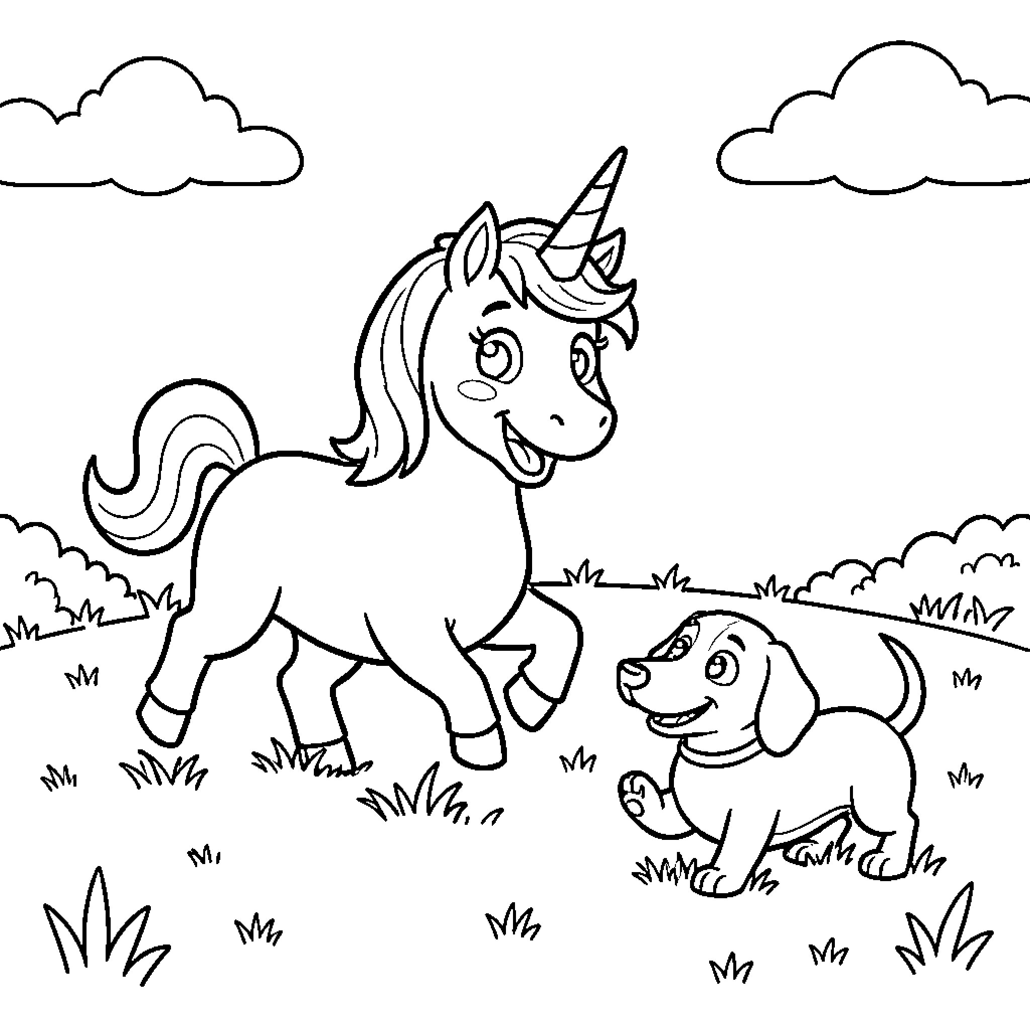 Unicorn playing joyfully with a puppy in a meadow Coloring Page (free black-and-white line drawing printable PDF for all, from beginners to advanced learners, including children, teens, adults, and seniors)