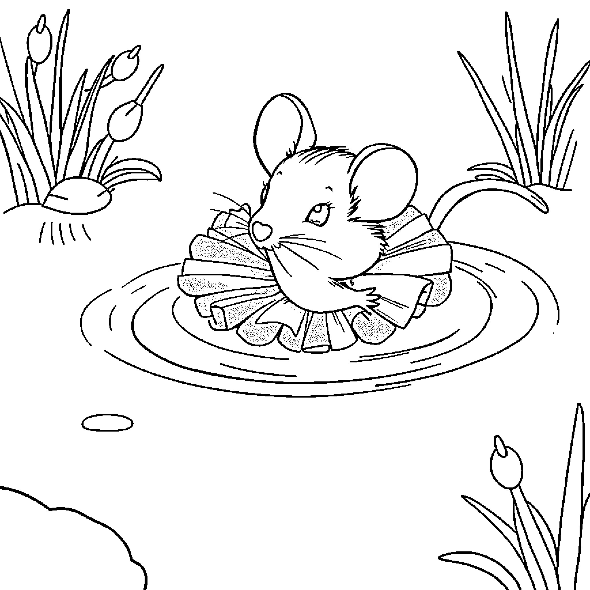 Mouse swimming in a pond with plants Coloring Page (free black-and-white line drawing printable PDF for all, from beginners to advanced learners, including children, teens, adults, and seniors)