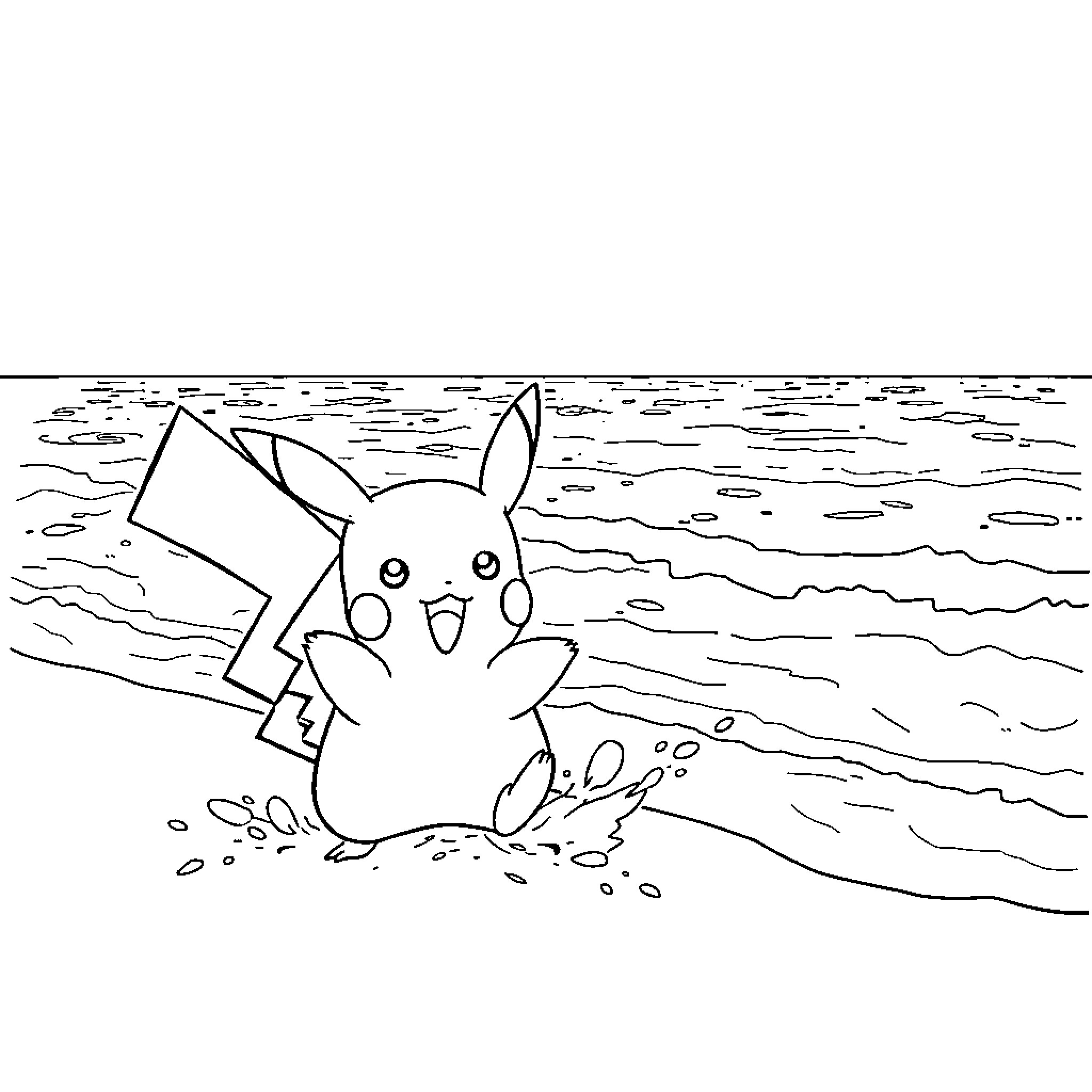 Pikachu enjoying a beach day Coloring Page (free black-and-white line drawing printable PDF for all, from beginners to advanced learners, including children, teens, adults, and seniors)