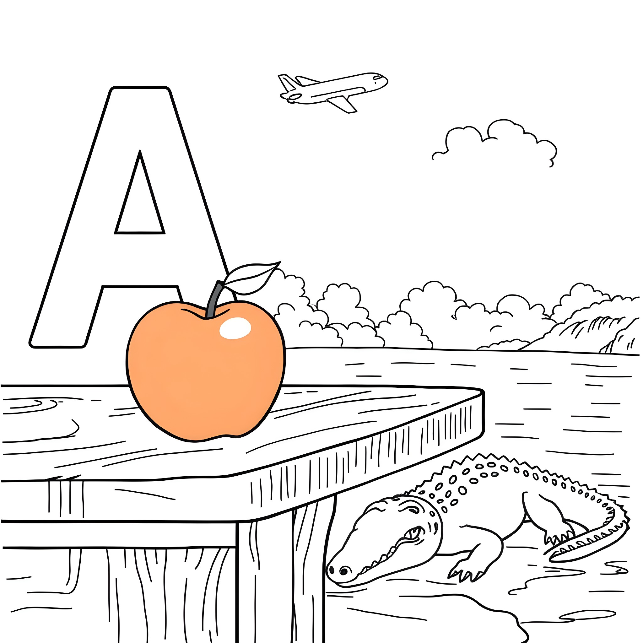 A colorful apple and alligator in nature scene Coloring Page (free black-and-white line drawing printable PDF for all, from beginners to advanced learners, including children, teens, adults, and seniors)