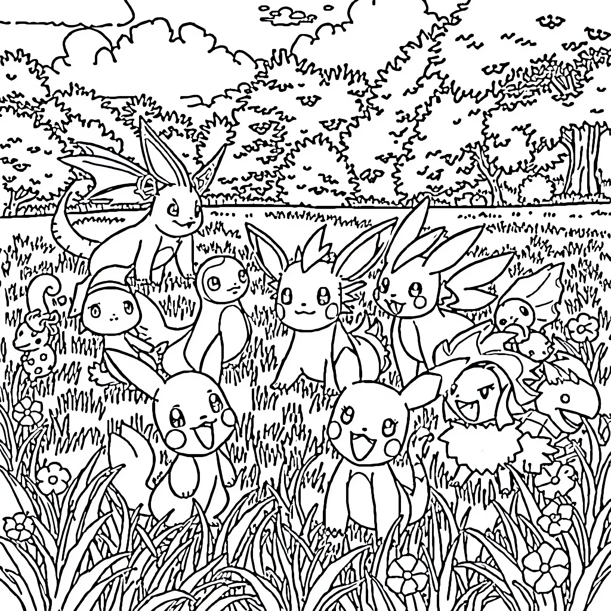 Pokémon characters in a lush natural scene Coloring Page (free black-and-white line drawing printable PDF for all, from beginners to advanced learners, including children, teens, adults, and seniors)