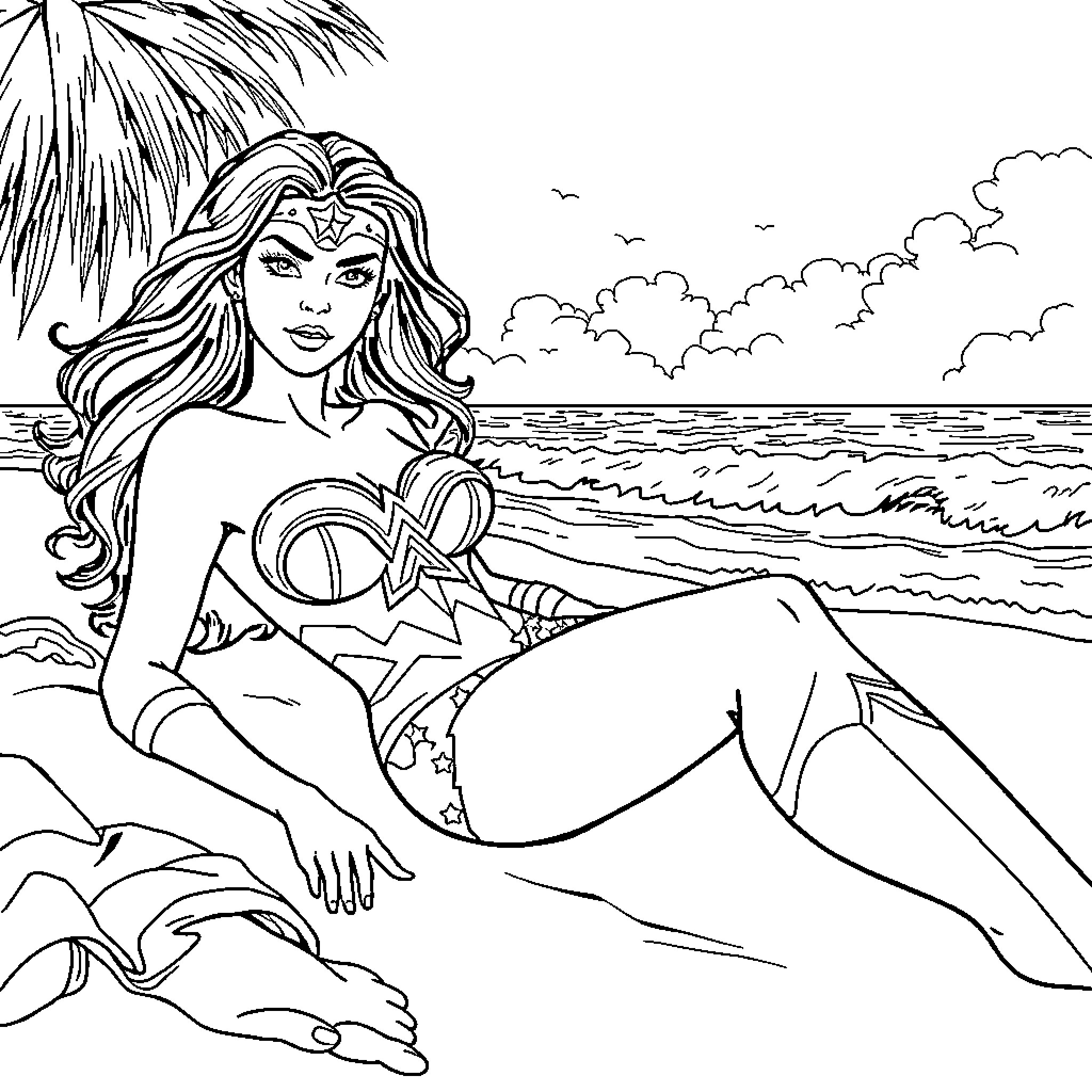 Wonder Woman Relaxing on the Beach Coloring Page (free black-and-white line drawing printable PDF for all, from beginners to advanced learners, including children, teens, adults, and seniors)
