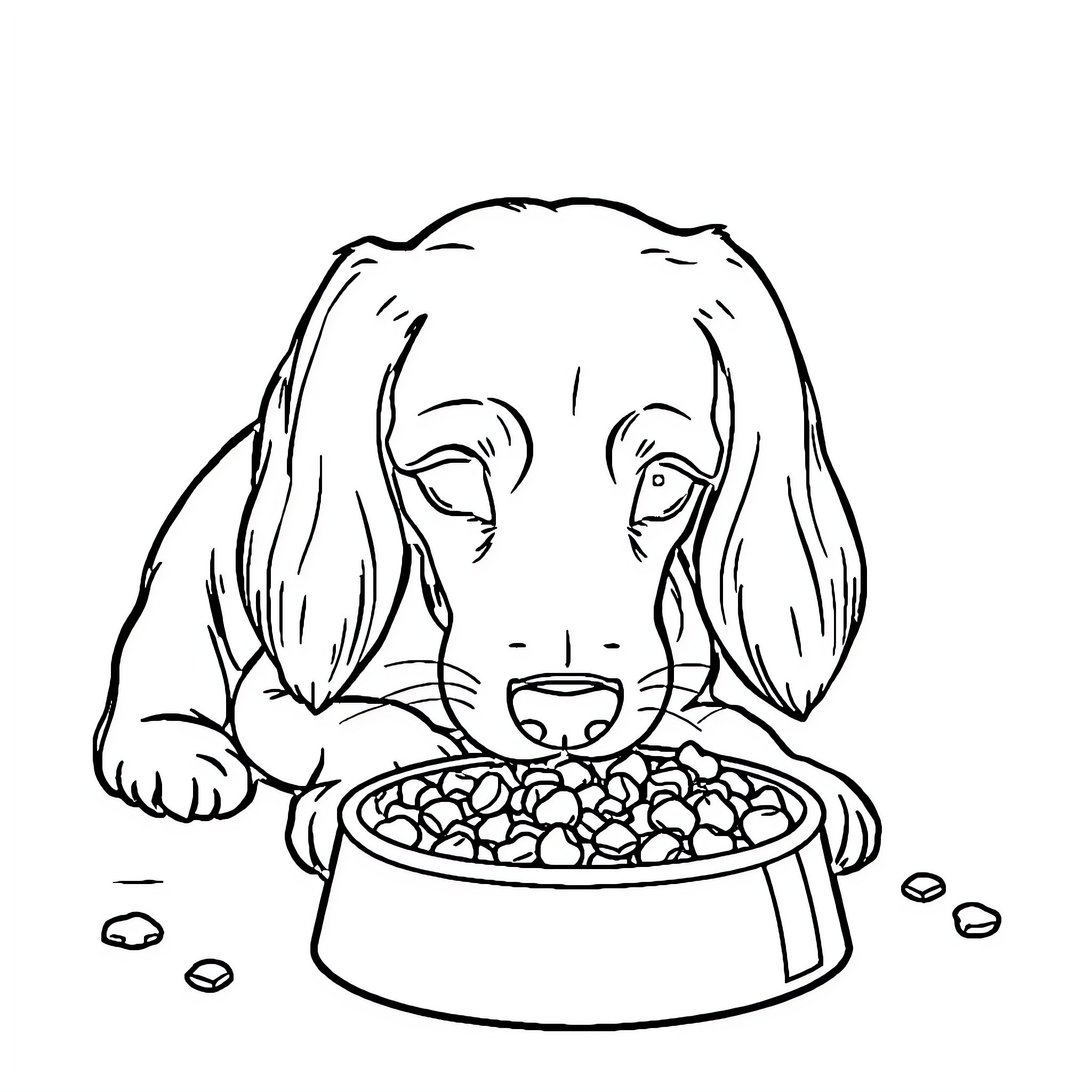 Dog gazing hungrily at dog food bowl Coloring Page (free black-and-white line drawing printable PDF for all, from beginners to advanced learners, including children, teens, adults, and seniors)
