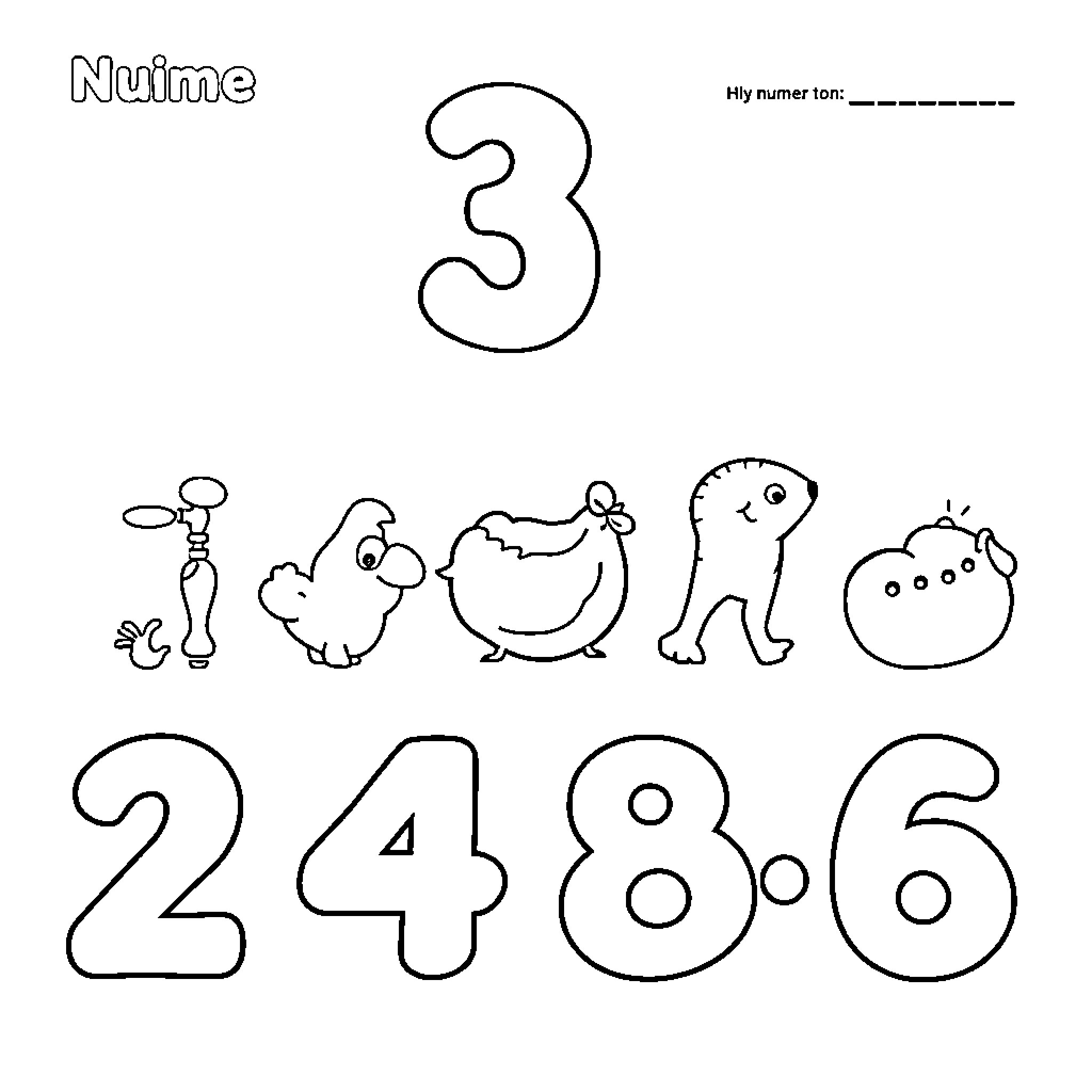 Number 3 with Cute Cartoon Animals Coloring Page (free black-and-white line drawing printable PDF for all, from beginners to advanced learners, including children, teens, adults, and seniors)