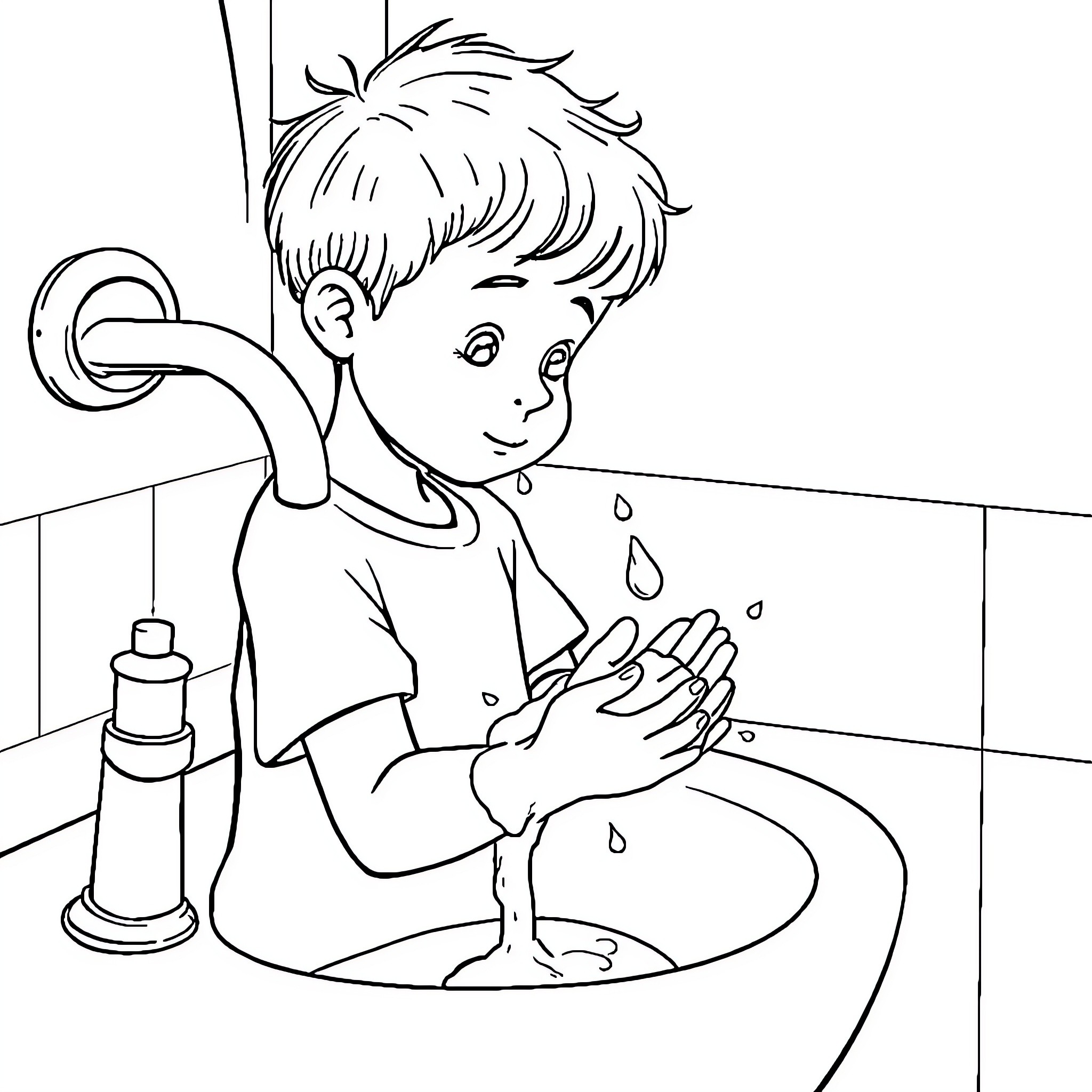 Child washing hands in the sink Coloring Page (free black-and-white line drawing printable PDF for all, from beginners to advanced learners, including children, teens, adults, and seniors)
