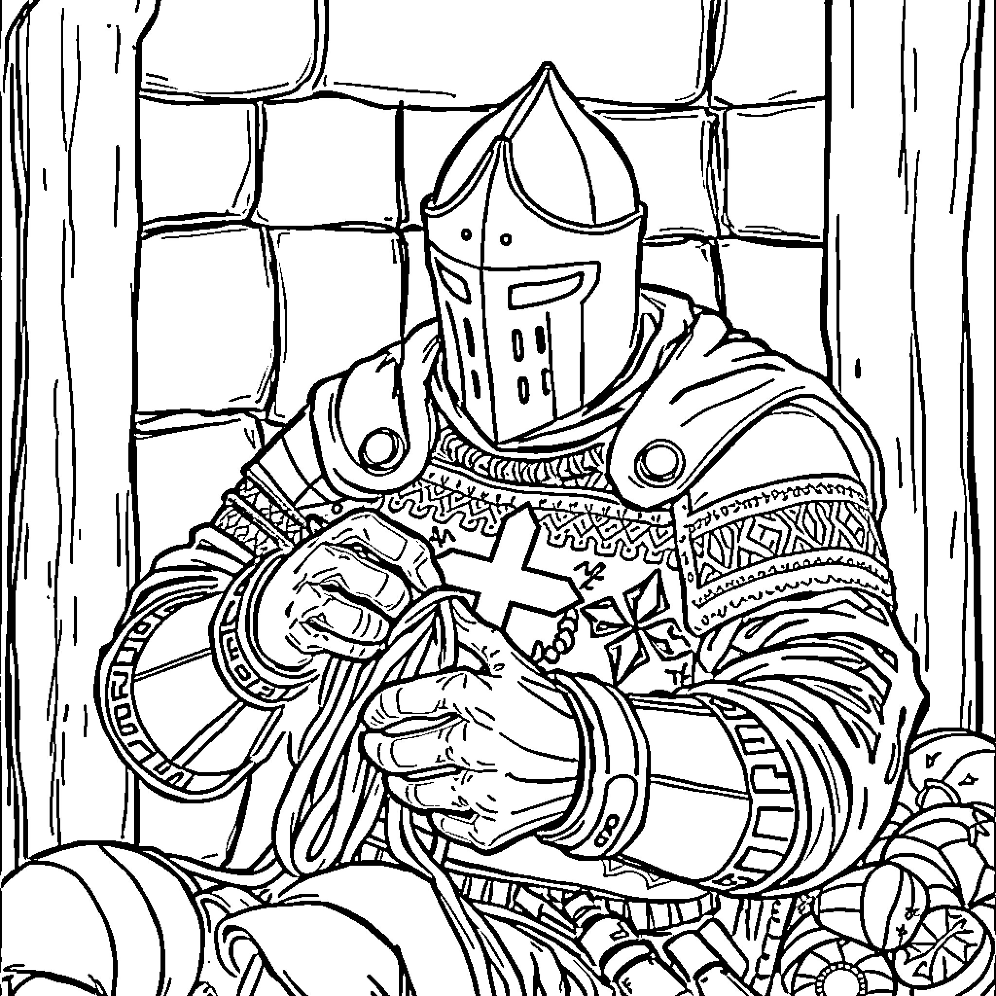 Templar Knight in Prayerful Contemplation Coloring Page (free black-and-white line drawing printable PDF for all, from beginners to advanced learners, including children, teens, adults, and seniors)
