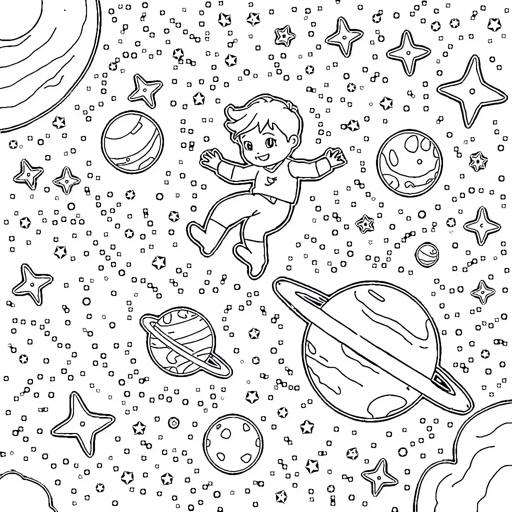 Elio exploring the cosmic wonders of space Coloring Page (free black-and-white line drawing printable PDF for all, from beginners to advanced learners, including children, teens, adults, and seniors)
