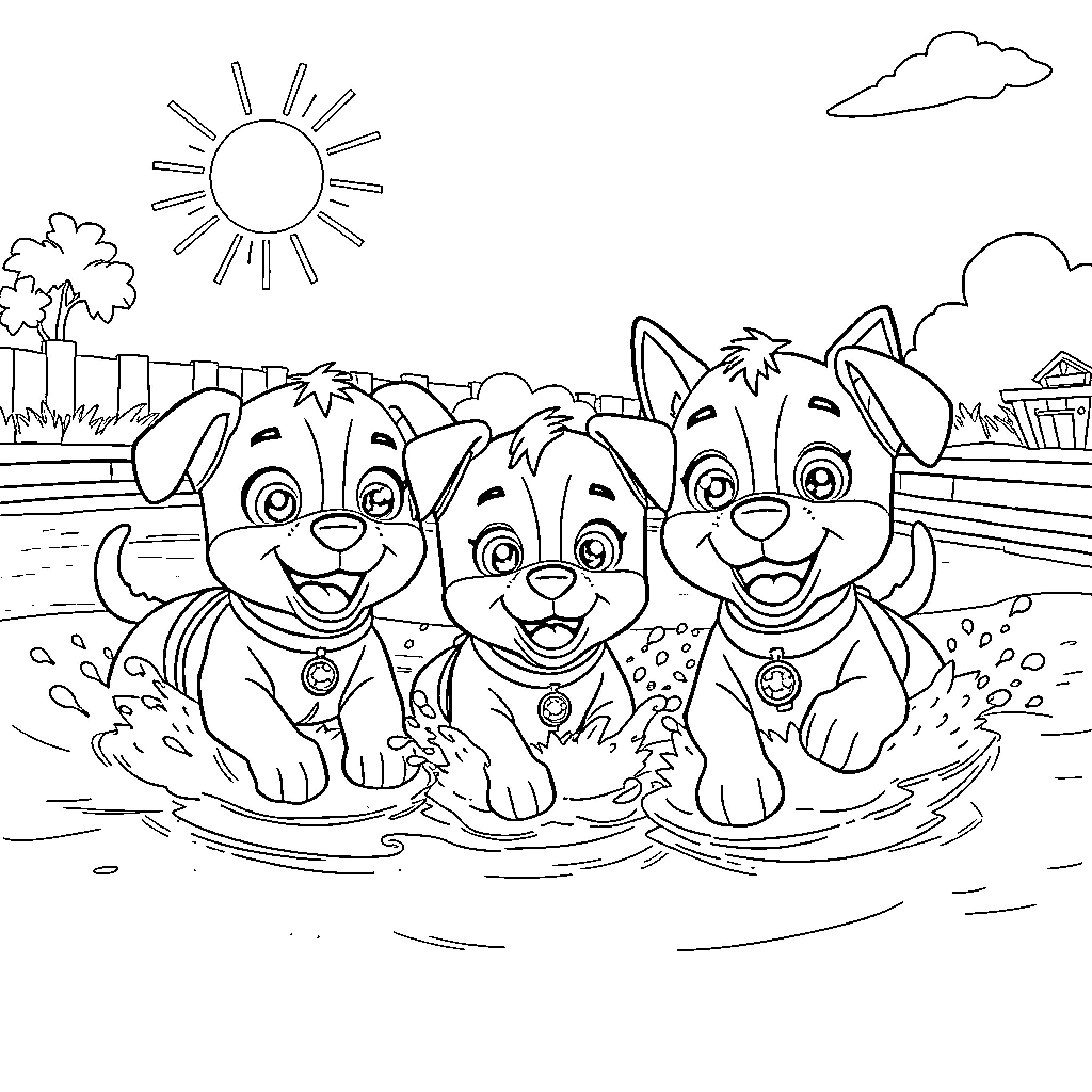Paw Patrol pups enjoying a sunny day Coloring Page (free black-and-white line drawing printable PDF for all, from beginners to advanced learners, including children, teens, adults, and seniors)