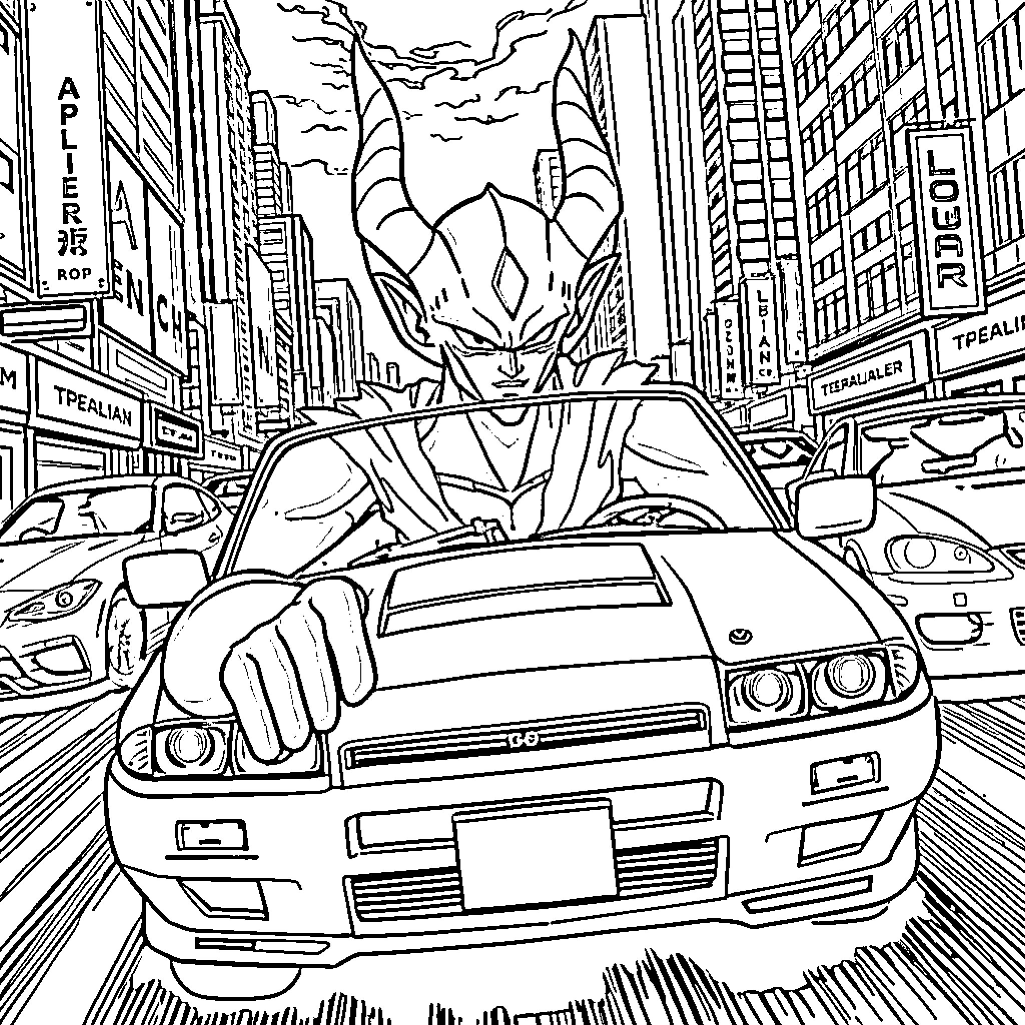Beerus driving through the city in his powerful vehicle Coloring Page (free black-and-white line drawing printable PDF for all, from beginners to advanced learners, including children, teens, adults, and seniors)
