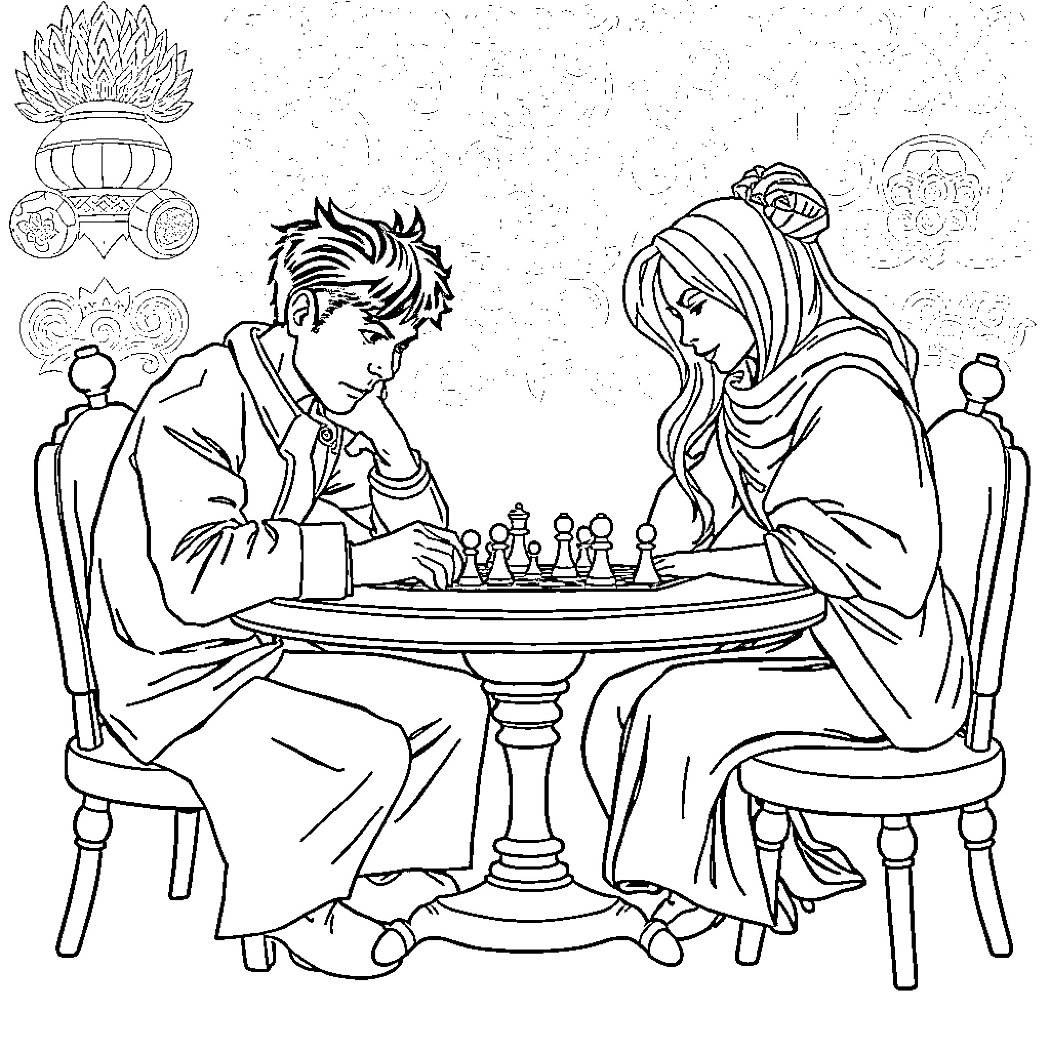 Tao et Lila playing a focused game of chess Coloring Page (free black-and-white line drawing printable PDF for all, from beginners to advanced learners, including children, teens, adults, and seniors)