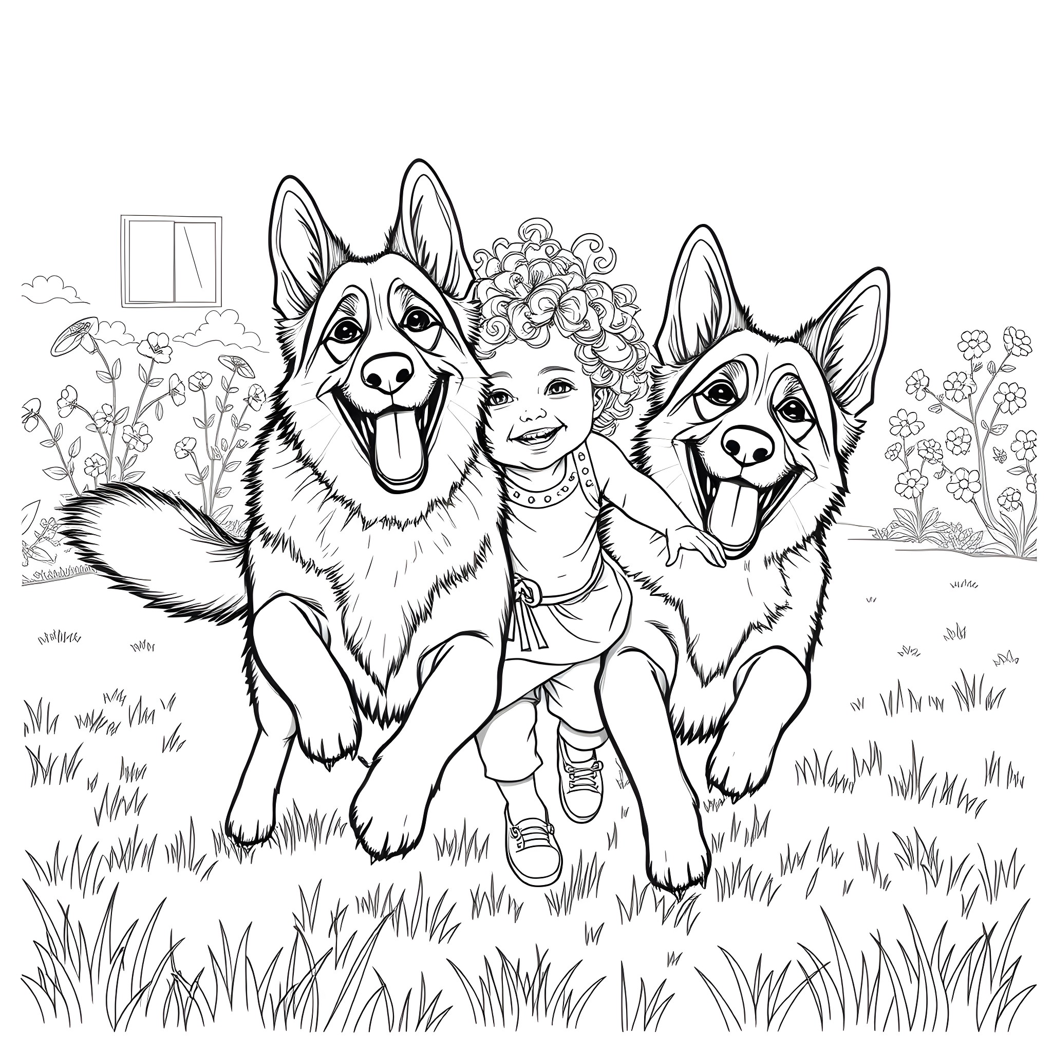 Dog and child playing happily in the yard Coloring Page (free black-and-white line drawing printable PDF for all, from beginners to advanced learners, including children, teens, adults, and seniors)