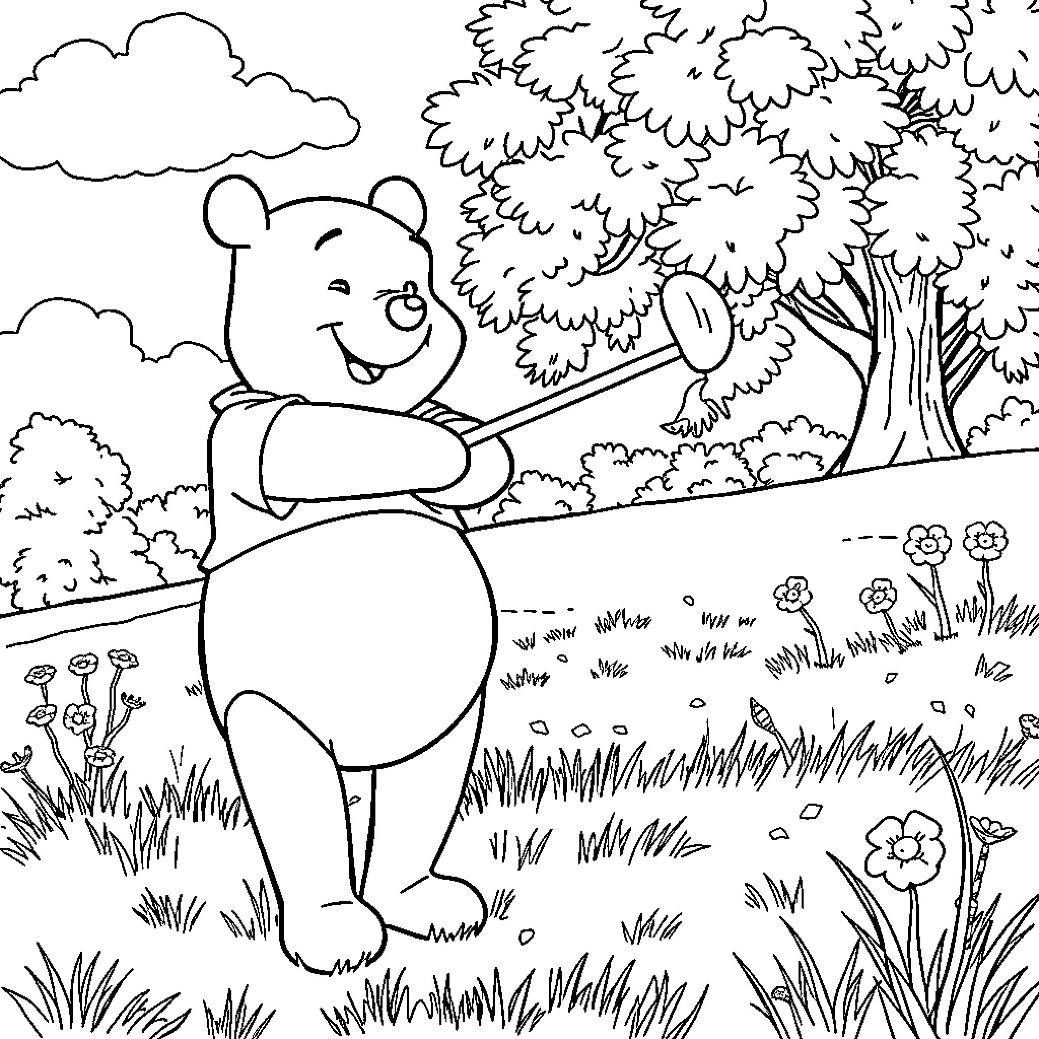 Winnie The Pooh enjoying the outdoors Coloring Page (free black-and-white line drawing printable PDF for all, from beginners to advanced learners, including children, teens, adults, and seniors)