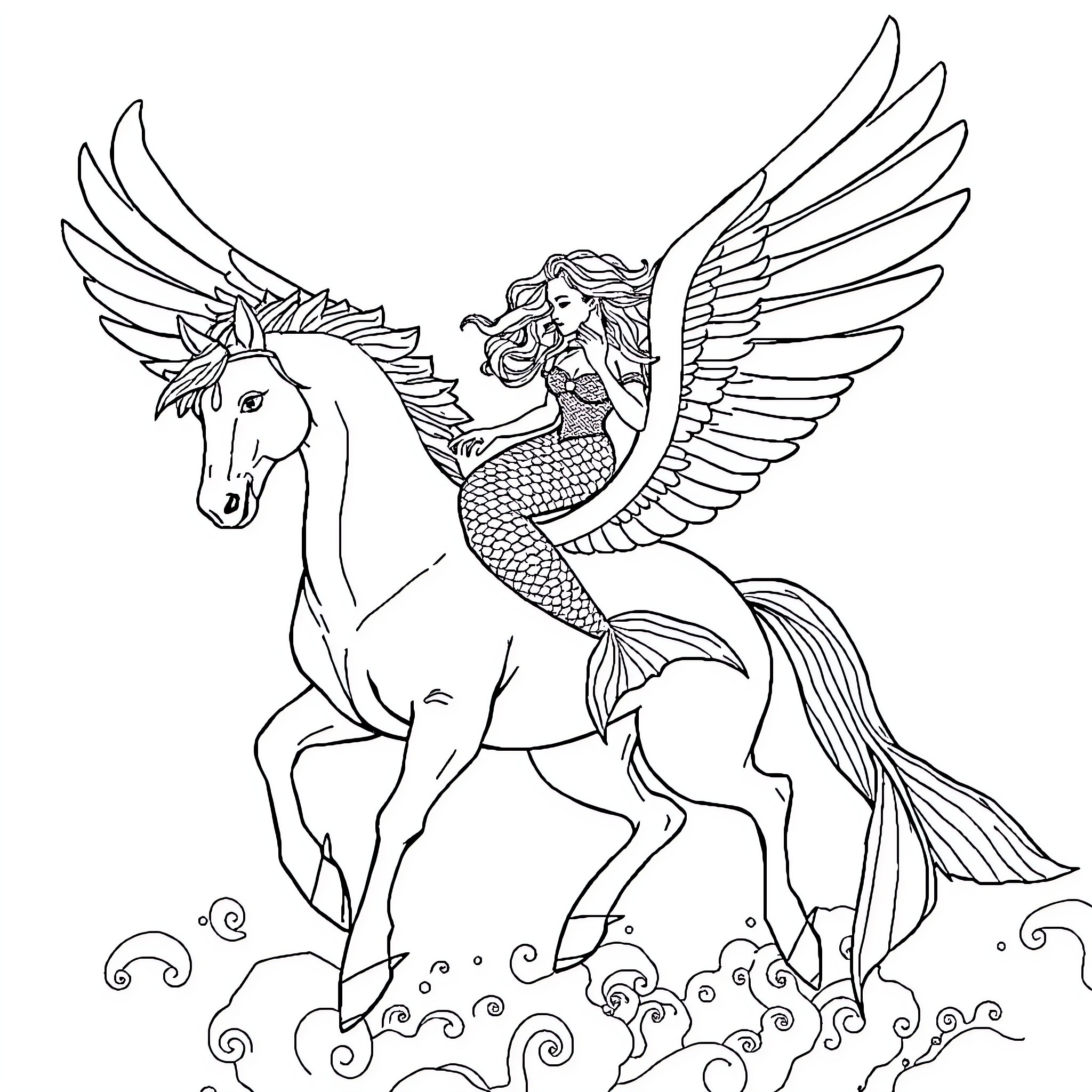 Mermaid riding a winged unicorn in the clouds Coloring Page (free black-and-white line drawing printable PDF for all, from beginners to advanced learners, including children, teens, adults, and seniors)