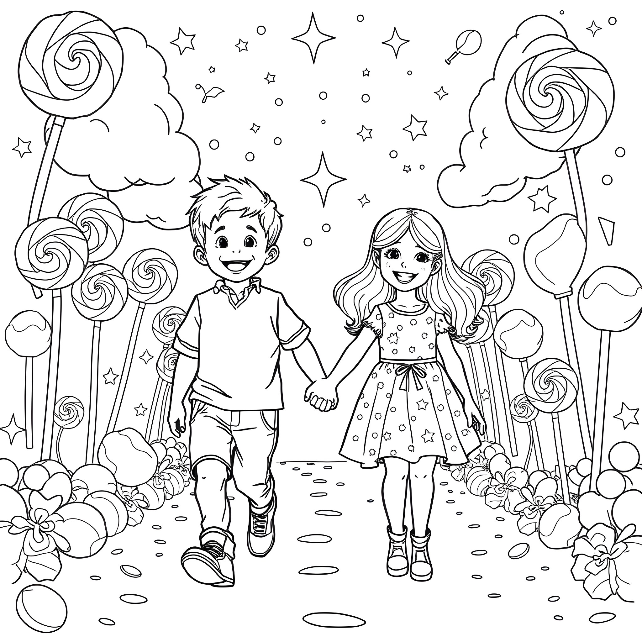 Child walking happily with friend in candy forest Coloring Page (free black-and-white line drawing printable PDF for all, from beginners to advanced learners, including children, teens, adults, and seniors)