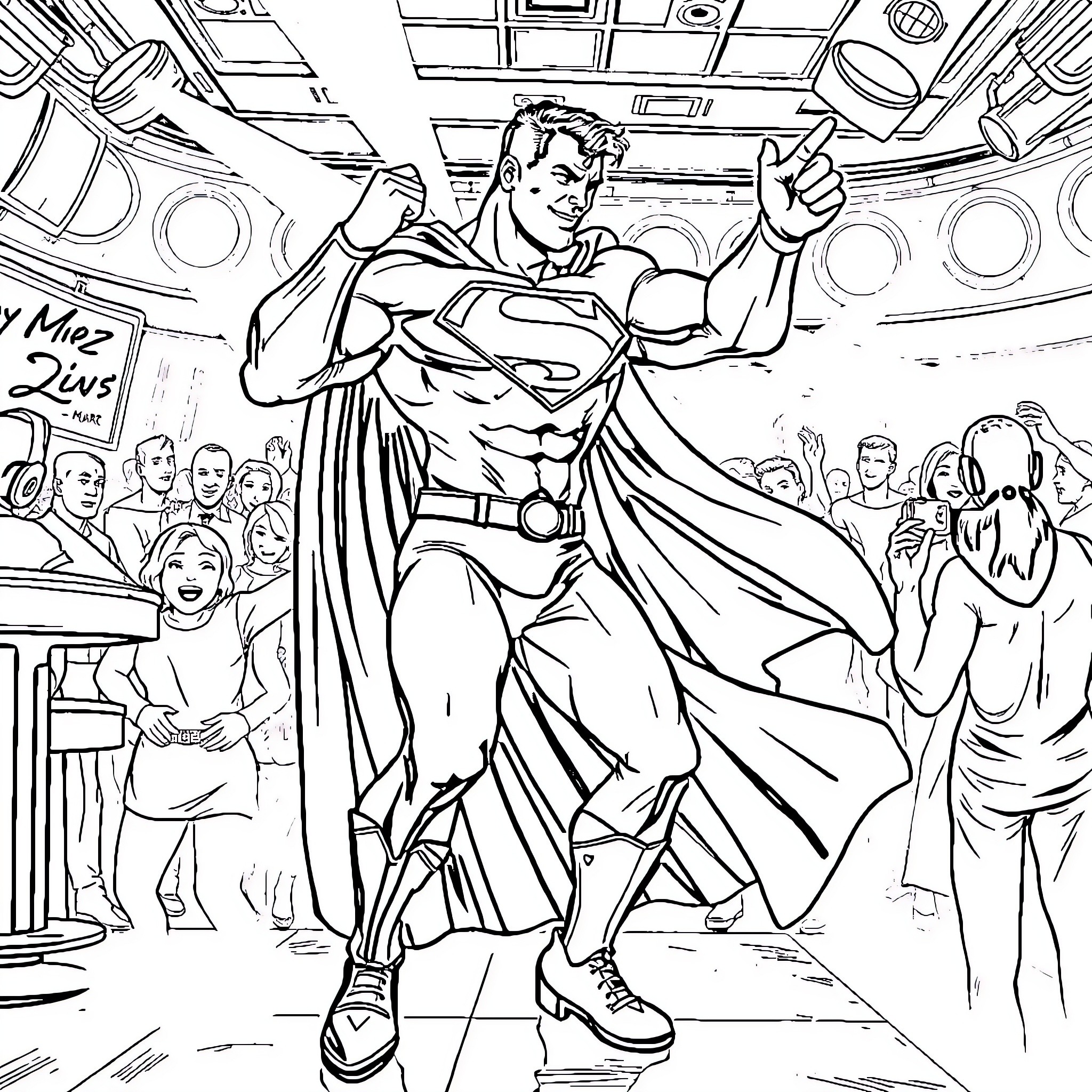 Superman heroically saves the day in a crowded city Coloring Page (free black-and-white line drawing printable PDF for all, from beginners to advanced learners, including children, teens, adults, and seniors)