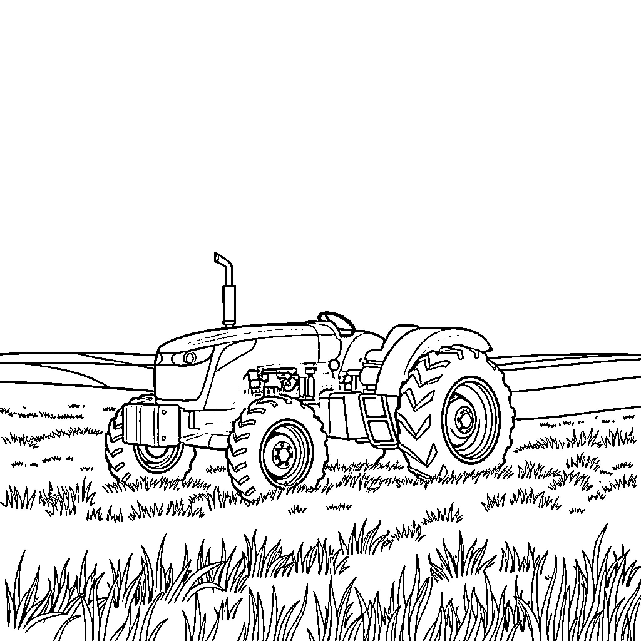Tractor plowing through the countryside field Coloring Page (free black-and-white line drawing printable PDF for all, from beginners to advanced learners, including children, teens, adults, and seniors)
