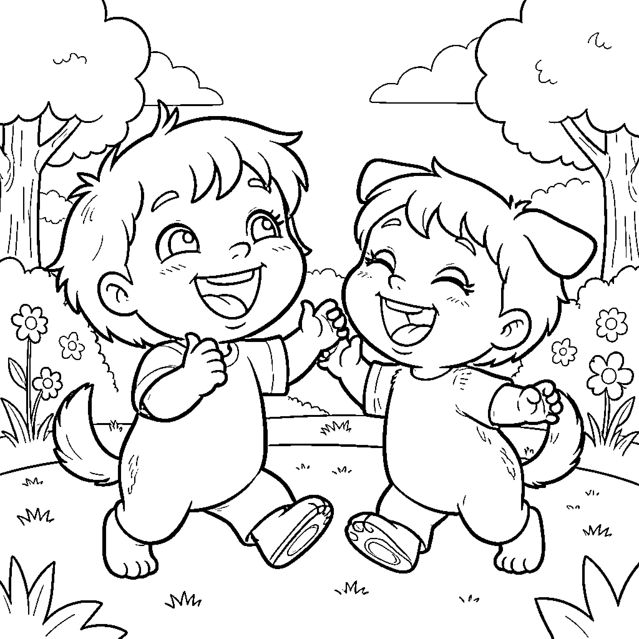 Bluey and friends enjoying nature's wonders Coloring Page (free black-and-white line drawing printable PDF for all, from beginners to advanced learners, including children, teens, adults, and seniors)