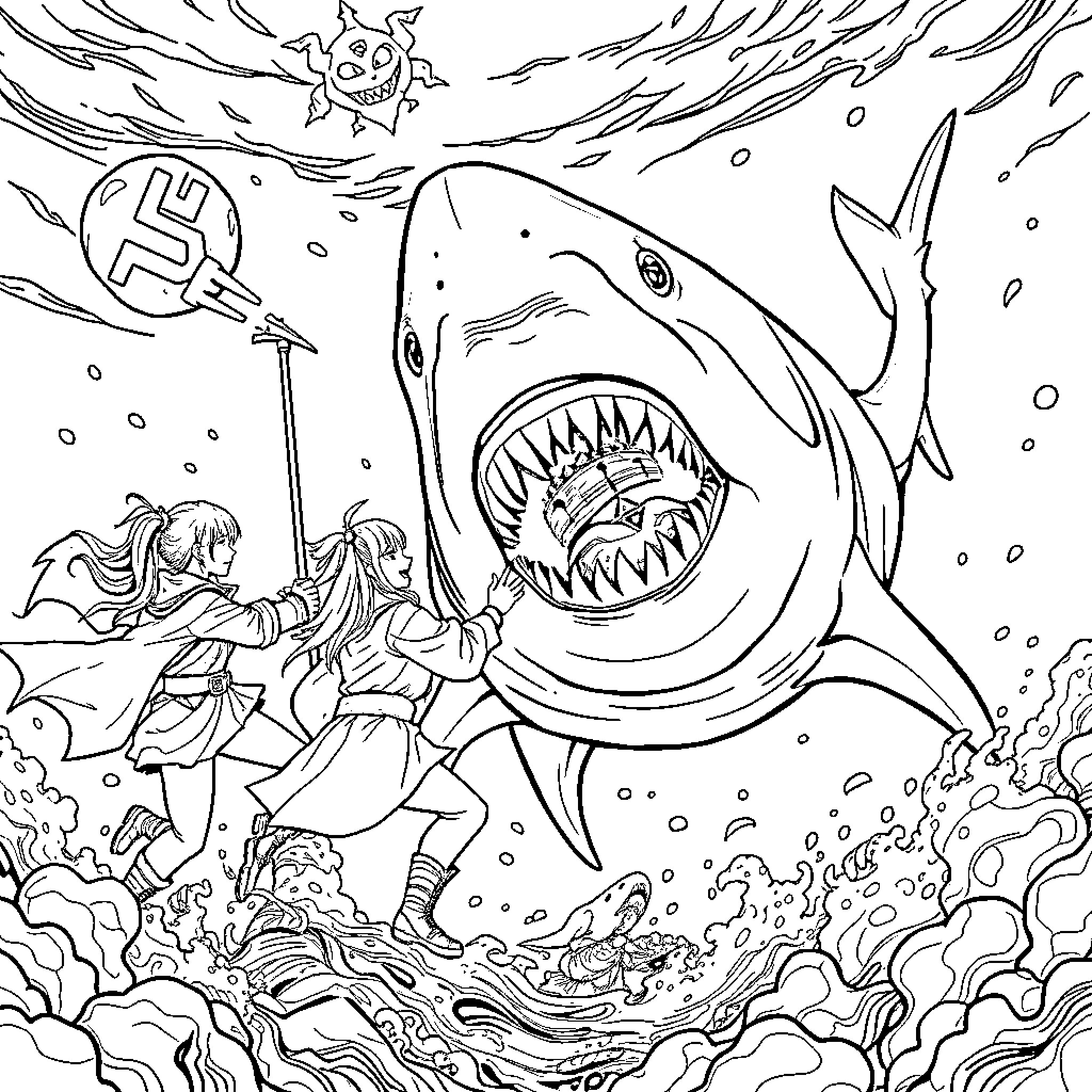 Demon Hunter Facing Off Against Ferocious Shark in Underwater Battle Coloring Page (free black-and-white line drawing printable PDF for all, from beginners to advanced learners, including children, teens, adults, and seniors)