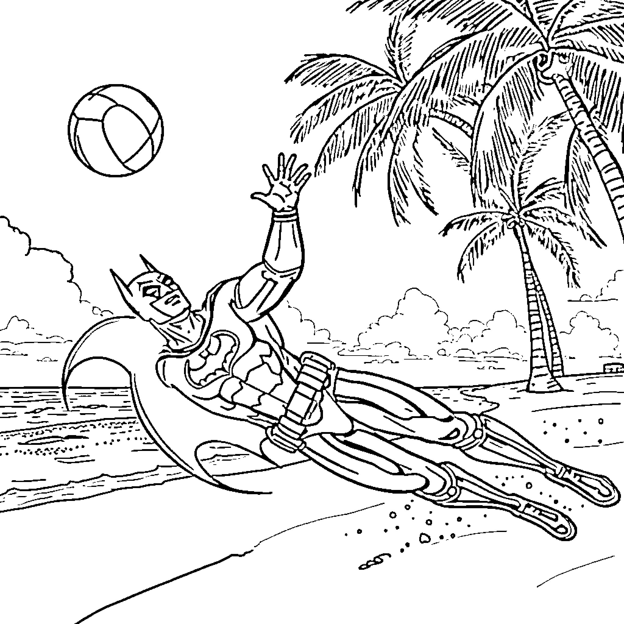 Batman relaxing on a beach with palm trees Coloring Page (free black-and-white line drawing printable PDF for all, from beginners to advanced learners, including children, teens, adults, and seniors)