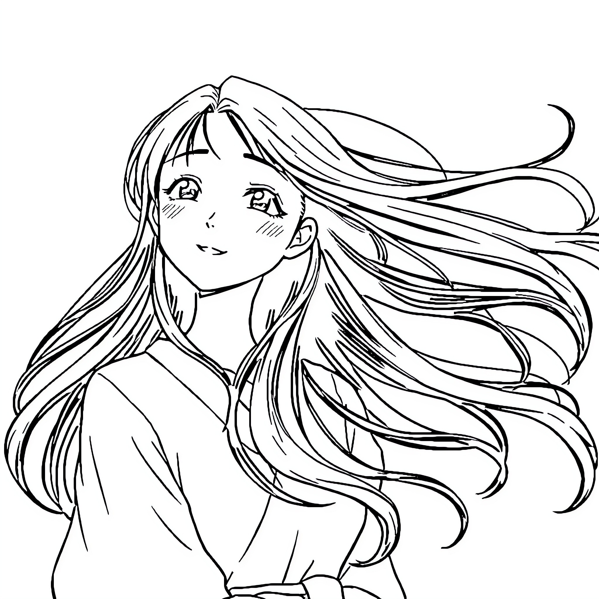 Hinata's Flowing Locks: An Anime-Inspired Portrait Coloring Page (free black-and-white line drawing printable PDF for all, from beginners to advanced learners, including children, teens, adults, and seniors)