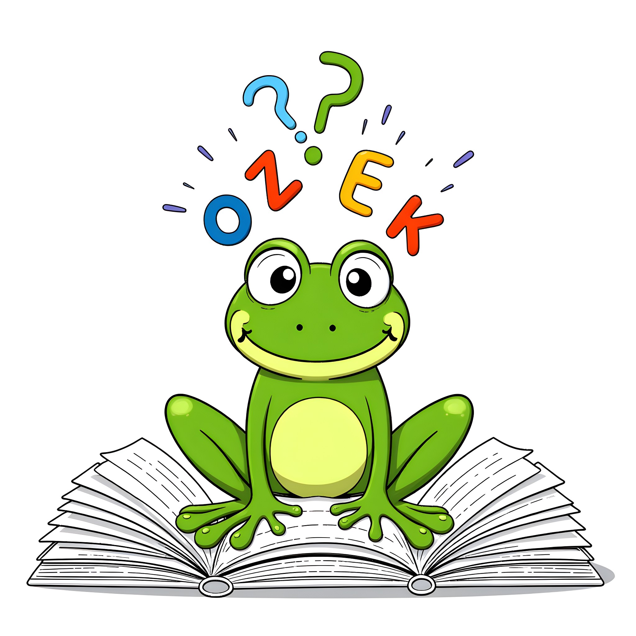 Frog reading a book with colorful words Coloring Page (free black-and-white line drawing printable PDF for all, from beginners to advanced learners, including children, teens, adults, and seniors)