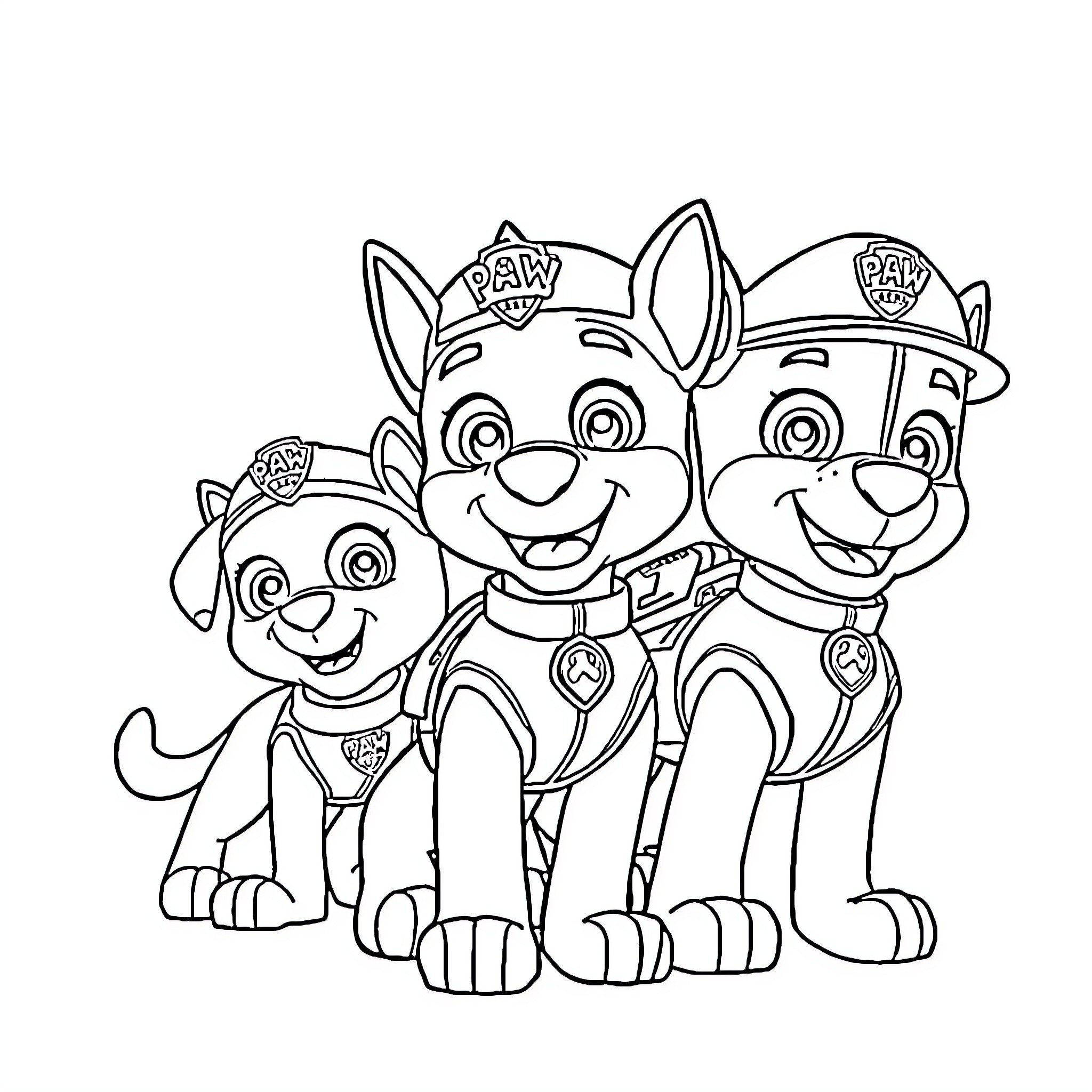 Paw Patrol puppies in uniform Coloring Page (free black-and-white line drawing printable PDF for all, from beginners to advanced learners, including children, teens, adults, and seniors)