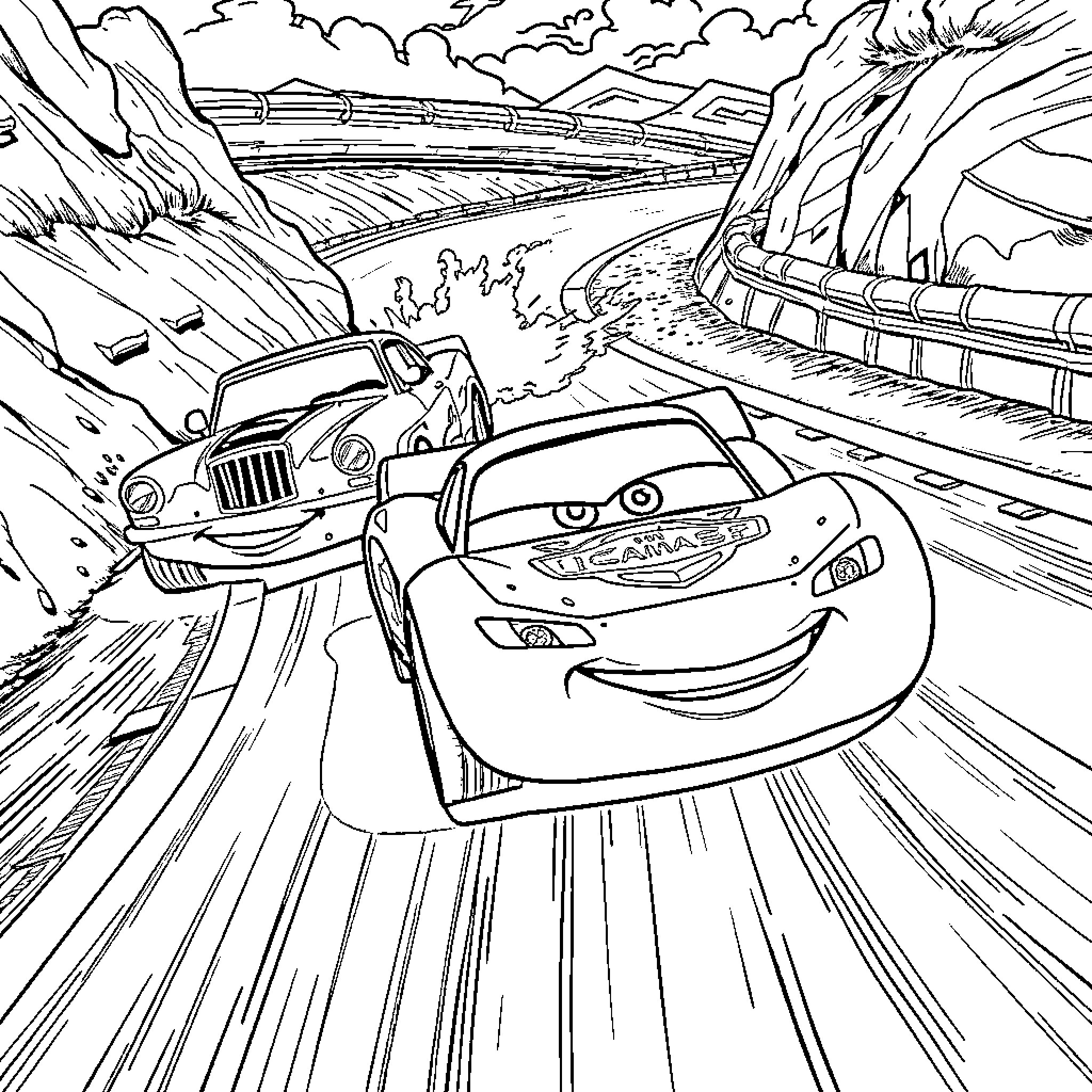 Lightning McQueen races through the countryside Coloring Page (free black-and-white line drawing printable PDF for all, from beginners to advanced learners, including children, teens, adults, and seniors)