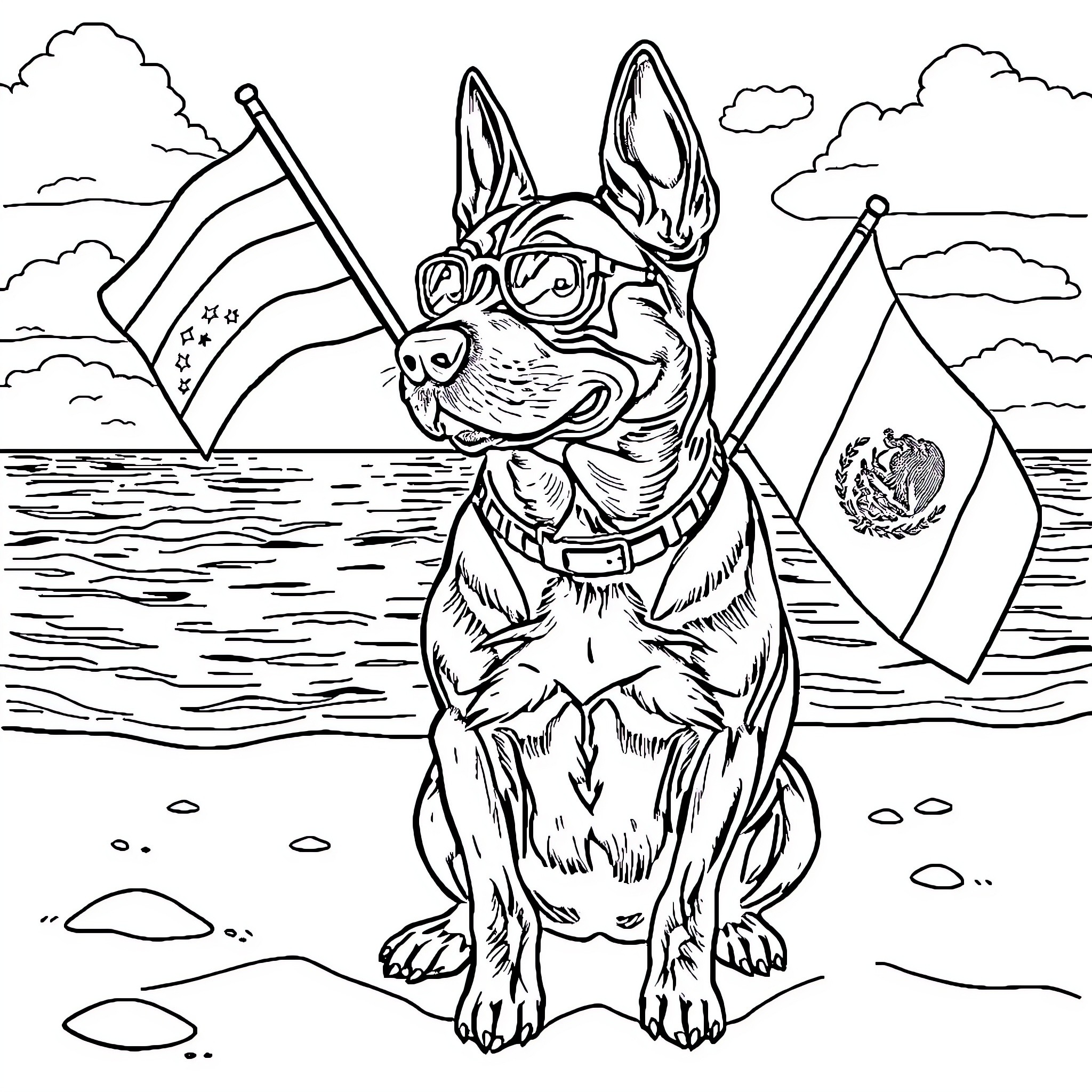 Perro patriótico con banderas en la playa Coloring Page (free black-and-white line drawing printable PDF for all, from beginners to advanced learners, including children, teens, adults, and seniors)