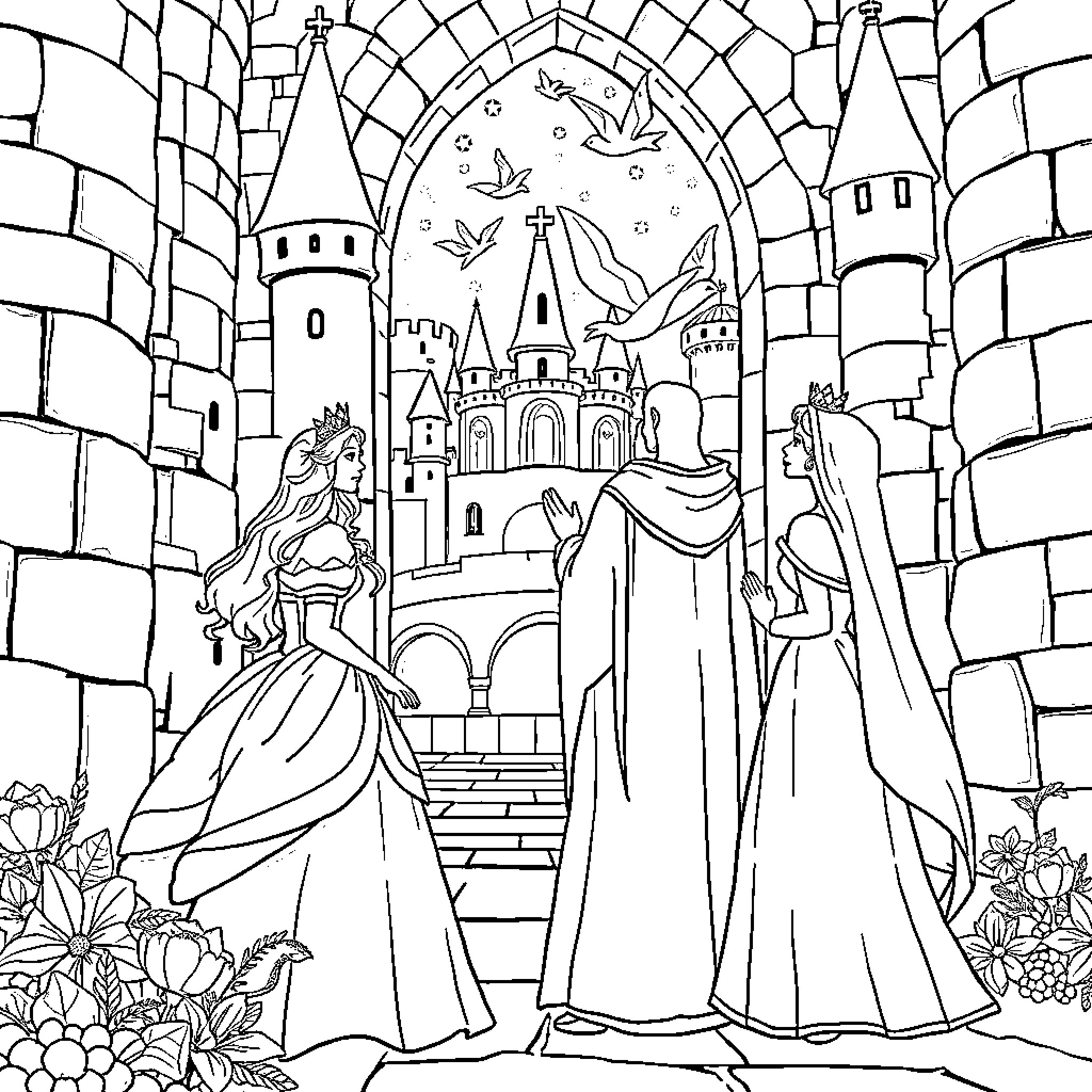 Princess in a Magical Castle Courtyard Coloring Page (free black-and-white line drawing printable PDF for all, from beginners to advanced learners, including children, teens, adults, and seniors)