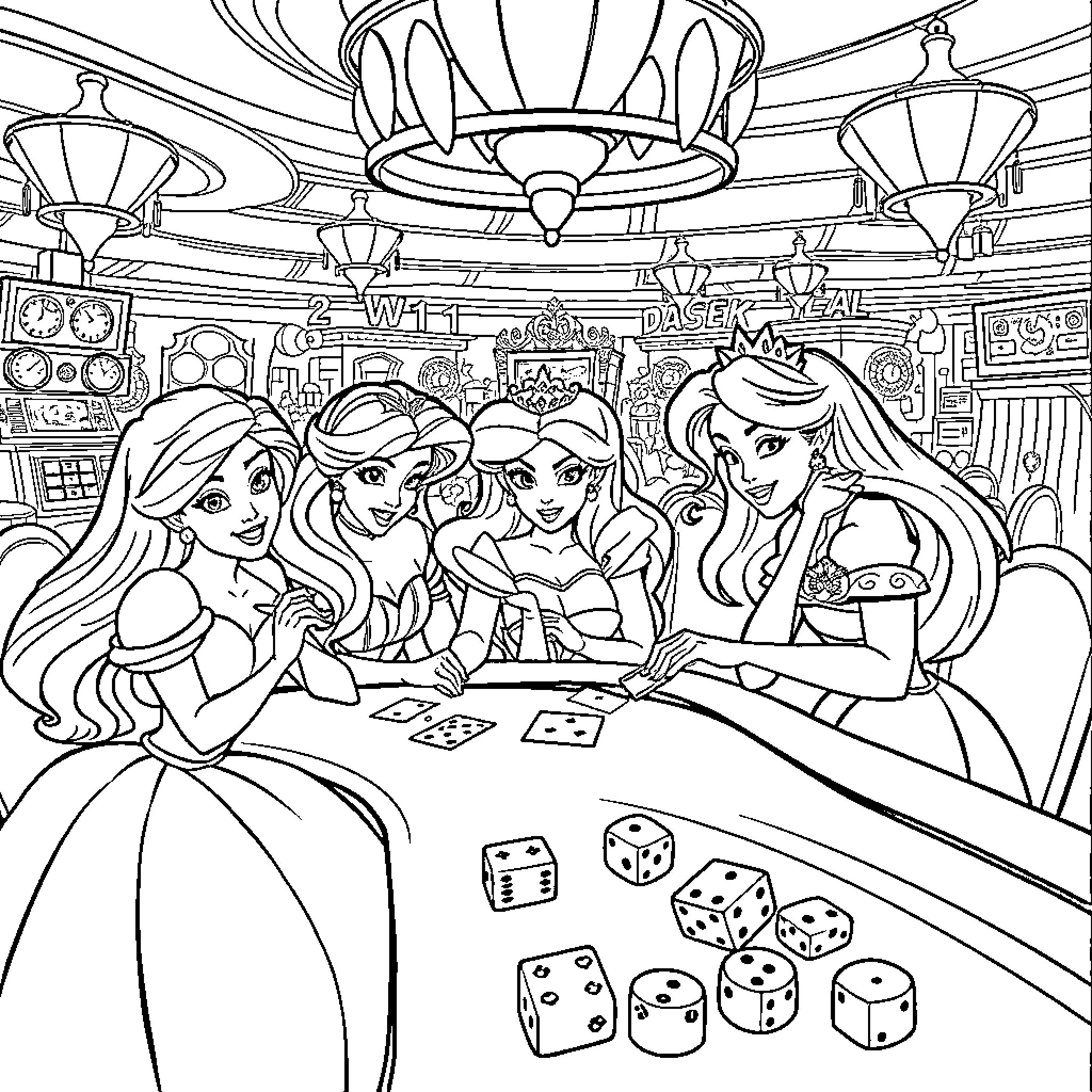Disney Princesses Playing Games in a Lavish Casino Coloring Page (free black-and-white line drawing printable PDF for all, from beginners to advanced learners, including children, teens, adults, and seniors)